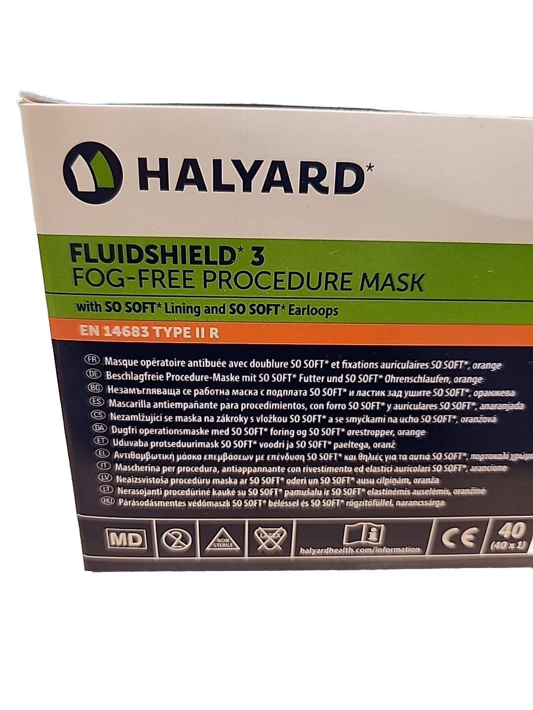 *40-Pieces* Halyard FluidShield Level 3 Procedure Face Mask Earloop Orange 47107