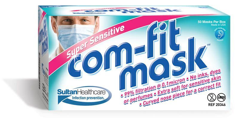 Sultan 20346 Com-Fit Earloop Super Sensitive Face Masks White 99% PFE 50/Bx