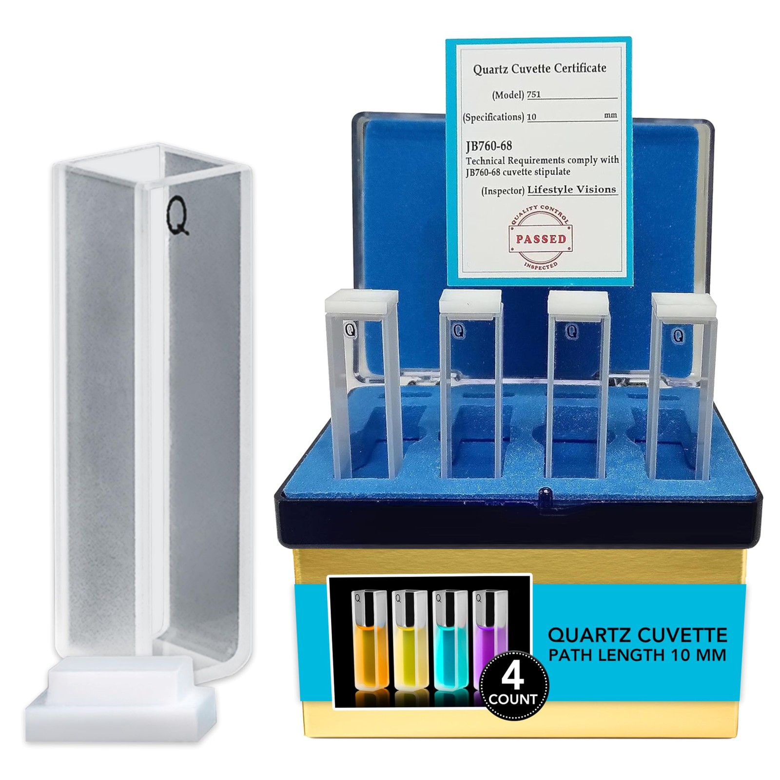 Quartz Cuvettes 4-Pack, UV-Vis-NIR 190–2500 nm, Standard 10 mm Path, 3.5 mL C…