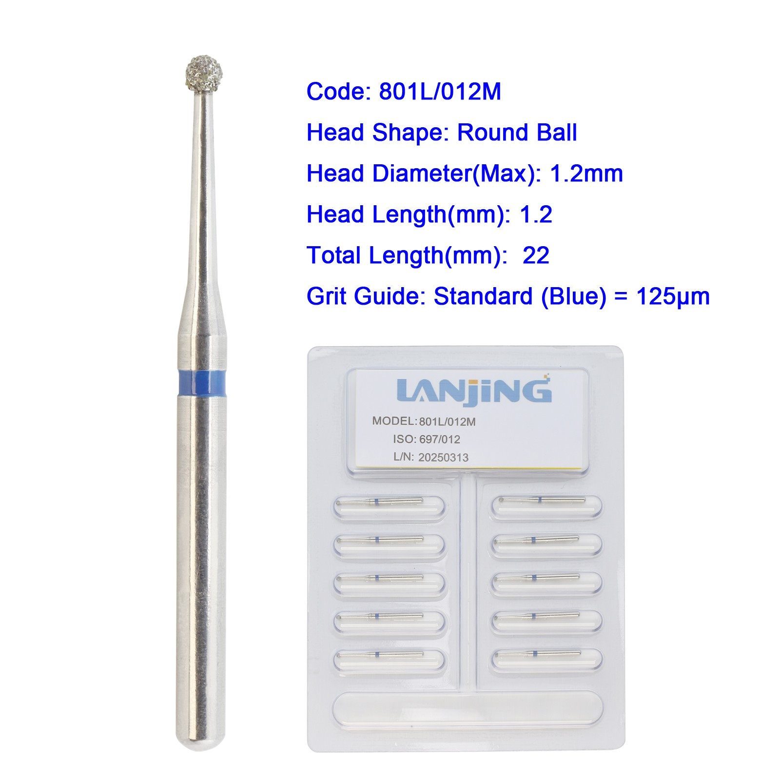 Dental Diamond Burs Surgical Round Ball 801L/012M FG Length 22mm BR-L45 Standard