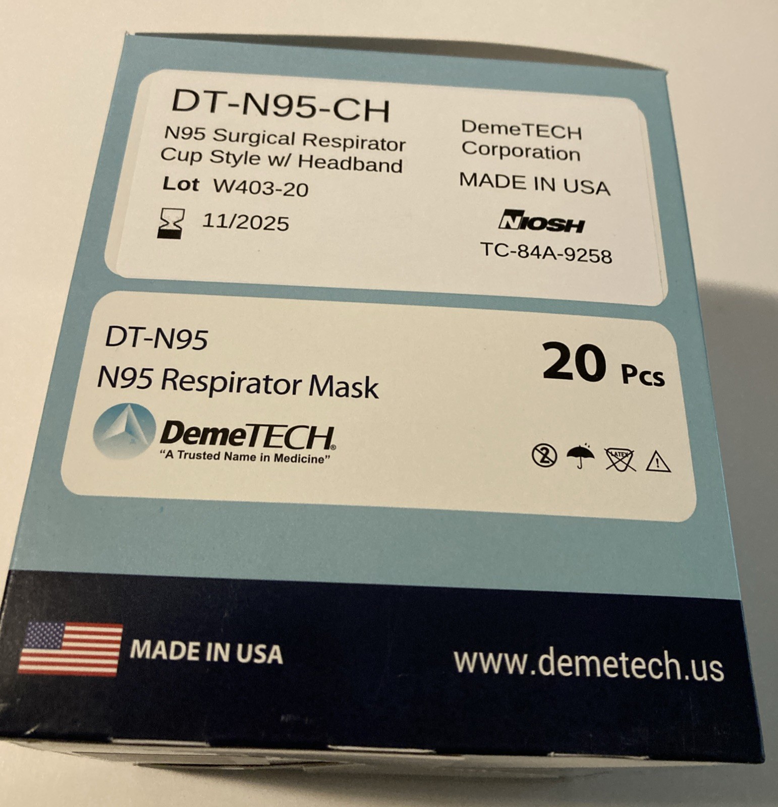 N95 Respirator Mask DemeTECH Cup Style DT-N95 20 Pack 11/2025 Made In USA