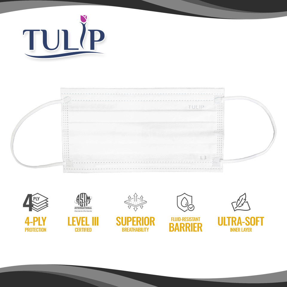 500 White ASTM Level 3 Face Masks 4-Ply Disposable Surgical Medical Shield Tulip