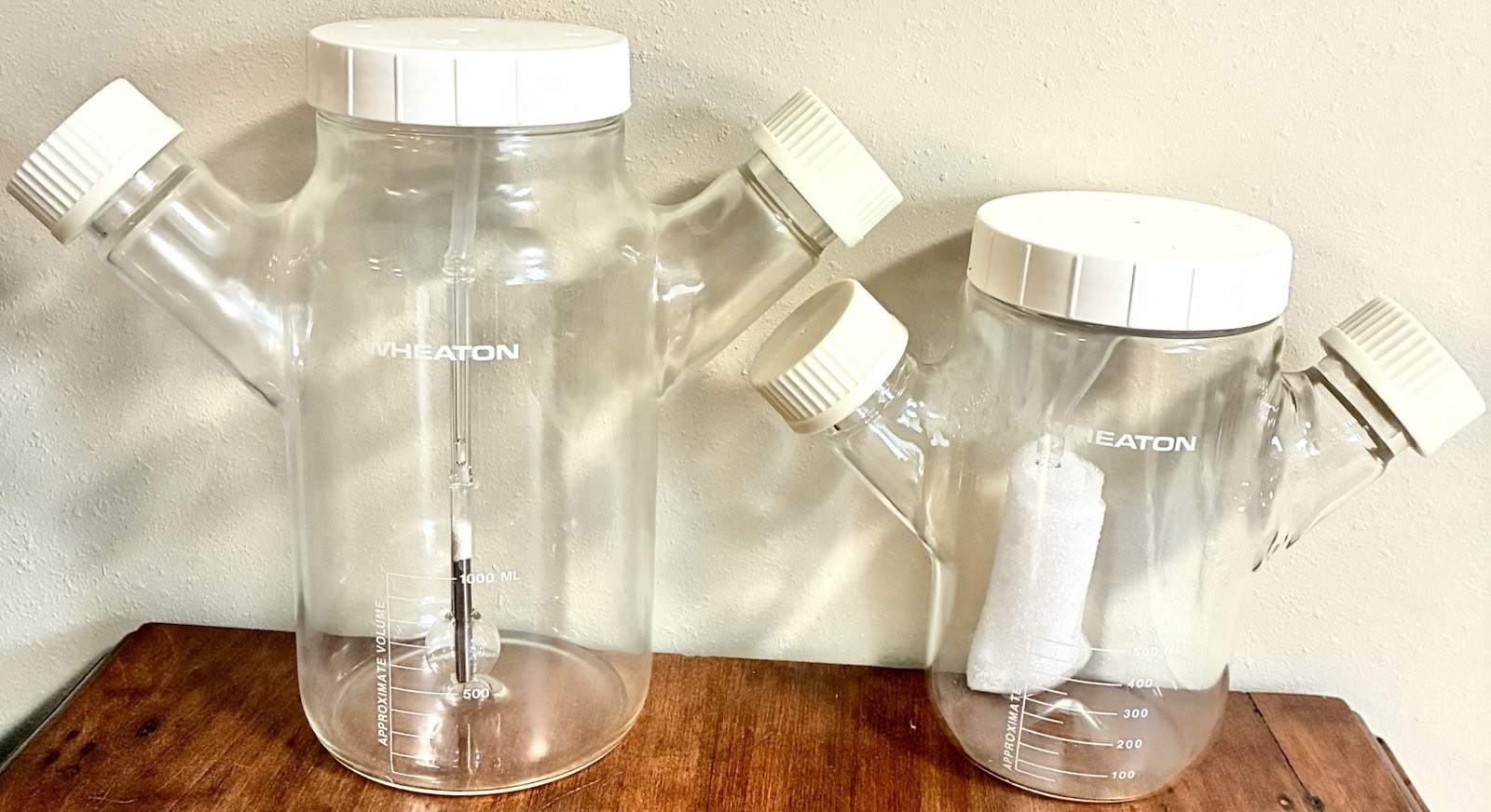 🚨2x Wheaton 1000mL + 500mL Mixing Glass Lab Spinner Flasks Double Sidearm