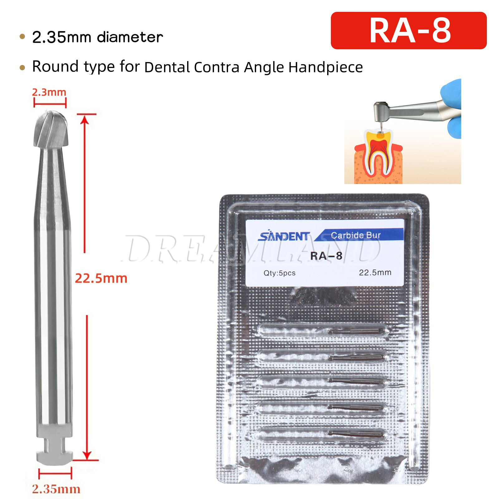 5 Pcs/Pack Dental 22.5mm Round Carbide Bur Slow Speed Latch Type RA8 Burs USA