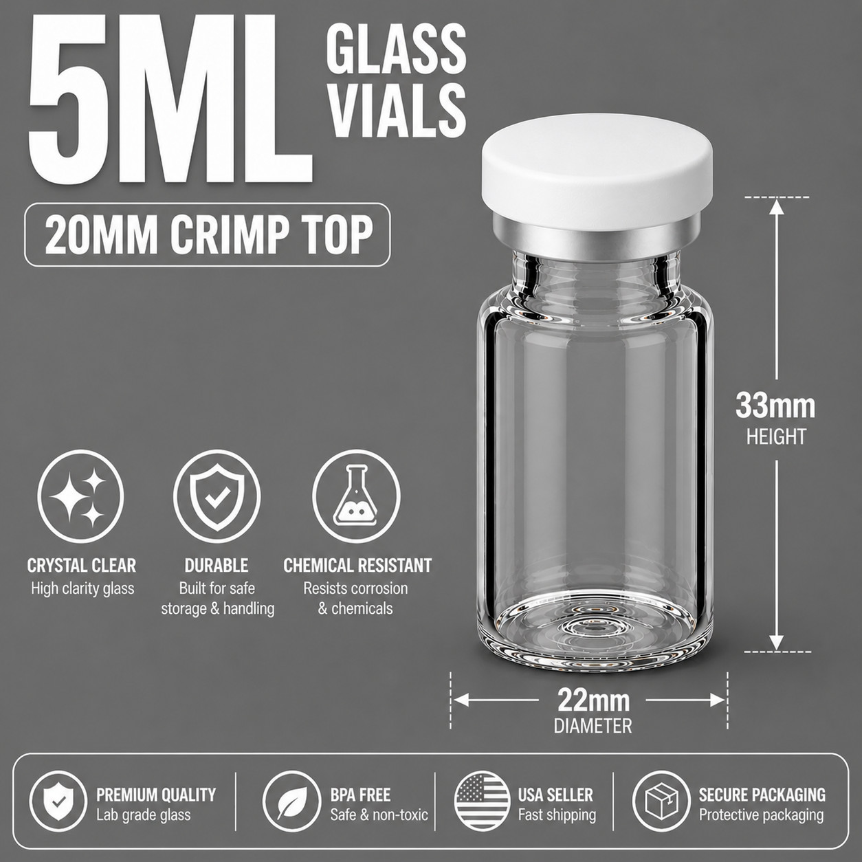 5ml Glass Vials 20mm Crimp Top w/ Rubber Plugs & Flip Off Caps Serum Lab Vials