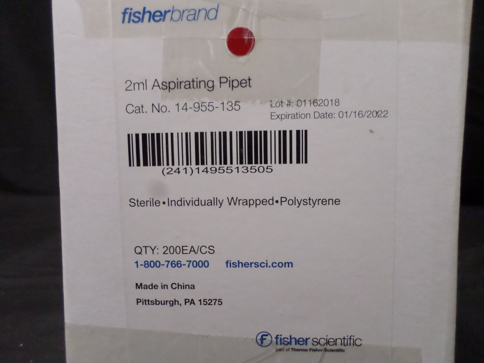 FISHERBRAND Polystyrene 2mL Individual Aspirating Pipette 14-955-135 (200/cs)