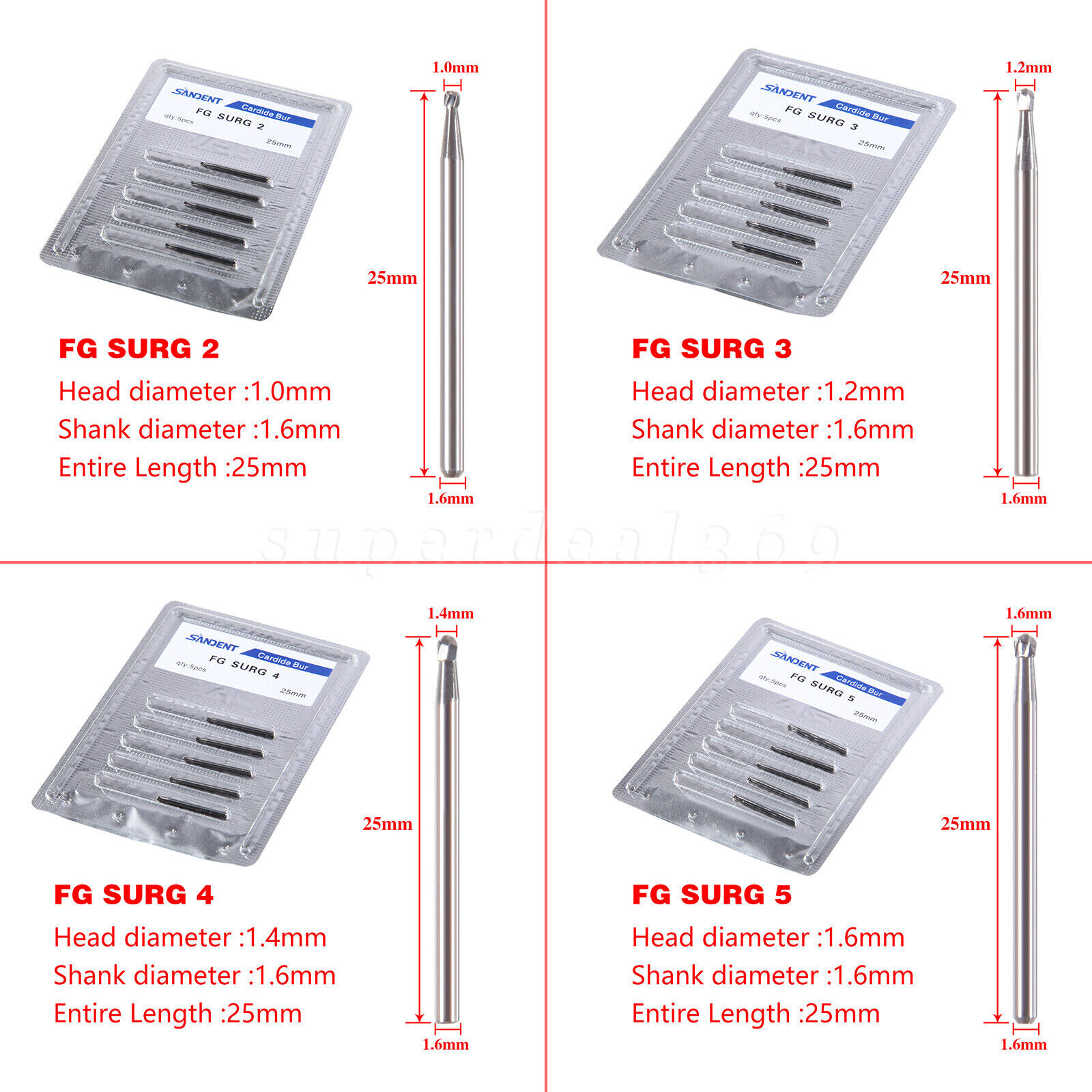 SANDENT Dental Carbide Surgical High Speed FG SURG 2 3 4 5 Length Bur 25mm OR