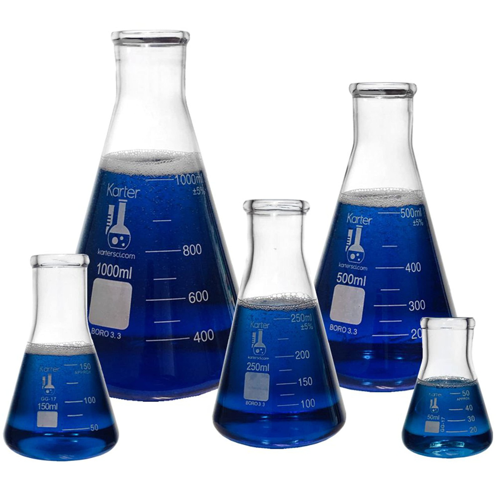 Karter Scientific 5pc Erlenmeyer Flask Set Borosilicate 50ml-1L Narrow