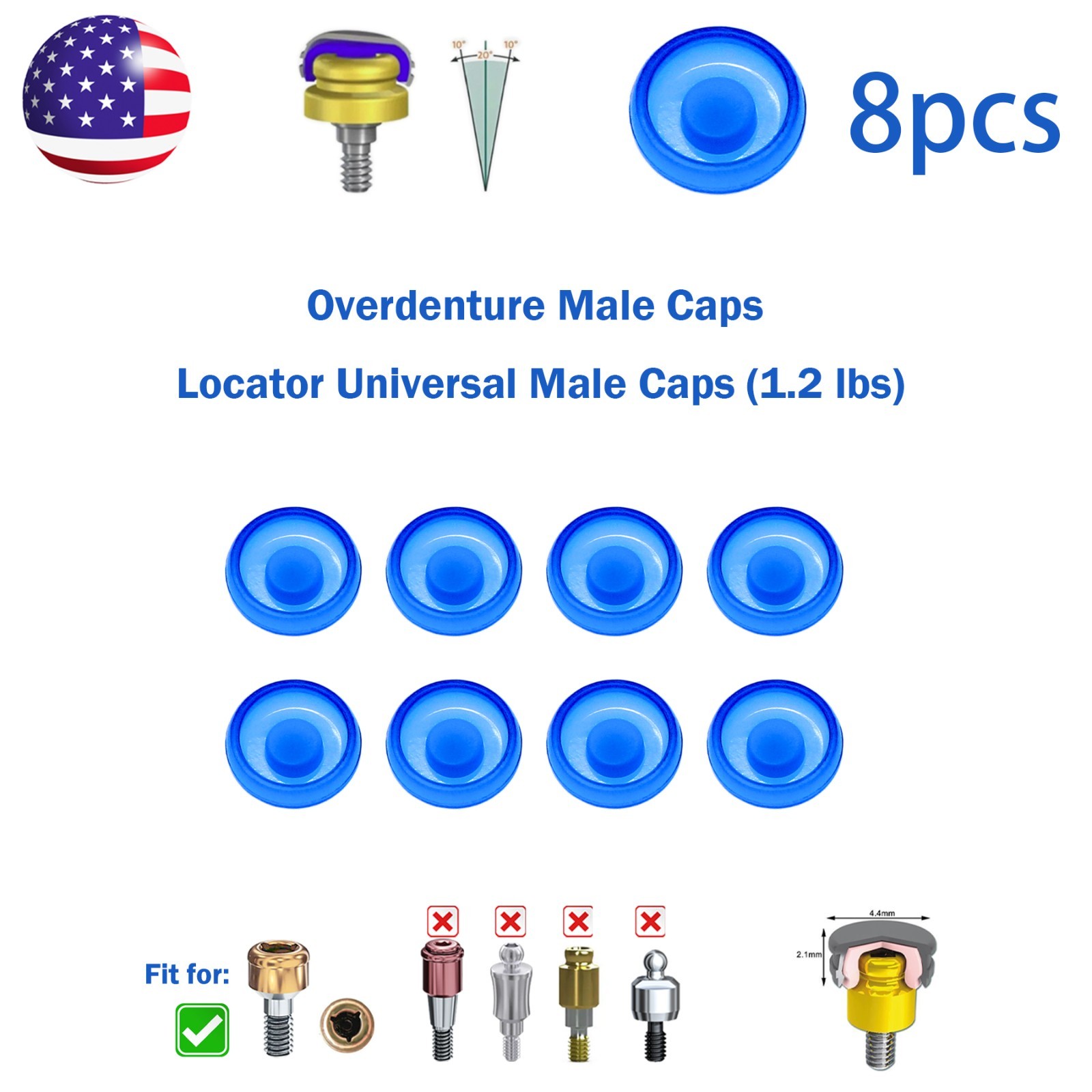 US Overdenture Abutment Removable Male Caps Inserts Standard 1.2lbs 4/8/12/20PCS