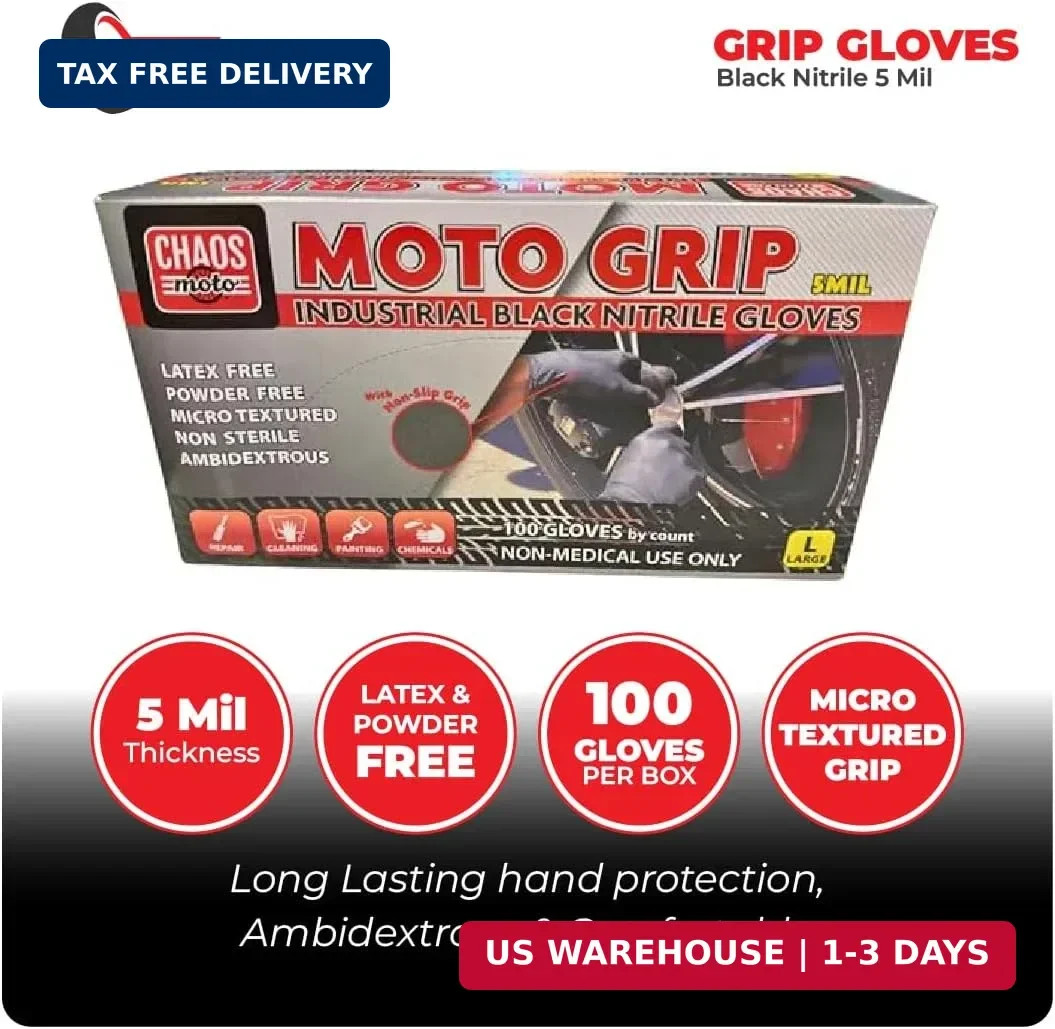 Grip Black Nitrile Gloves 5mil Latex-Free, Powder-Free, Micro-Textured for Repai