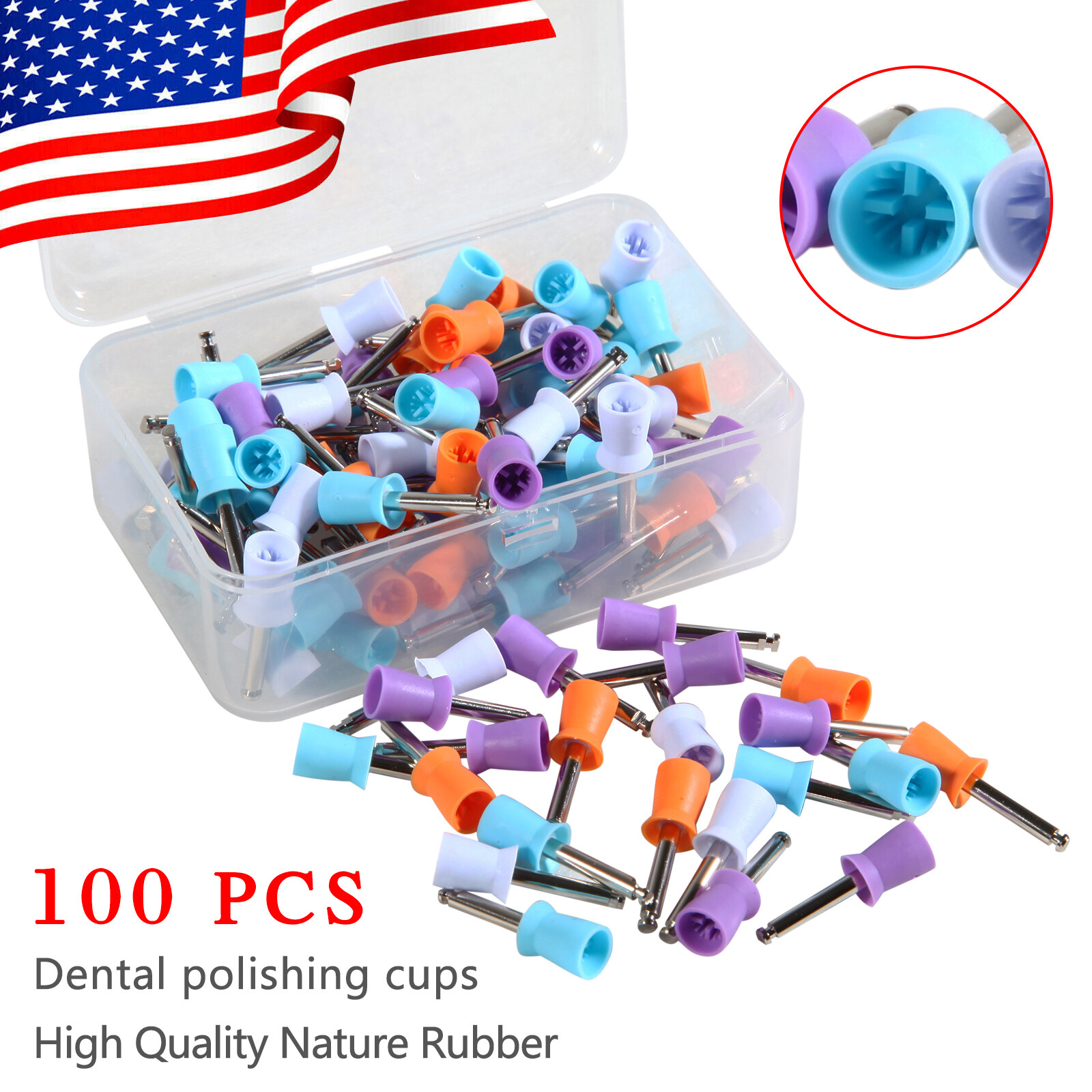 100 Dental Latch Type Paste Prophy Polishing Cups Soft Silicone Colorful Tips