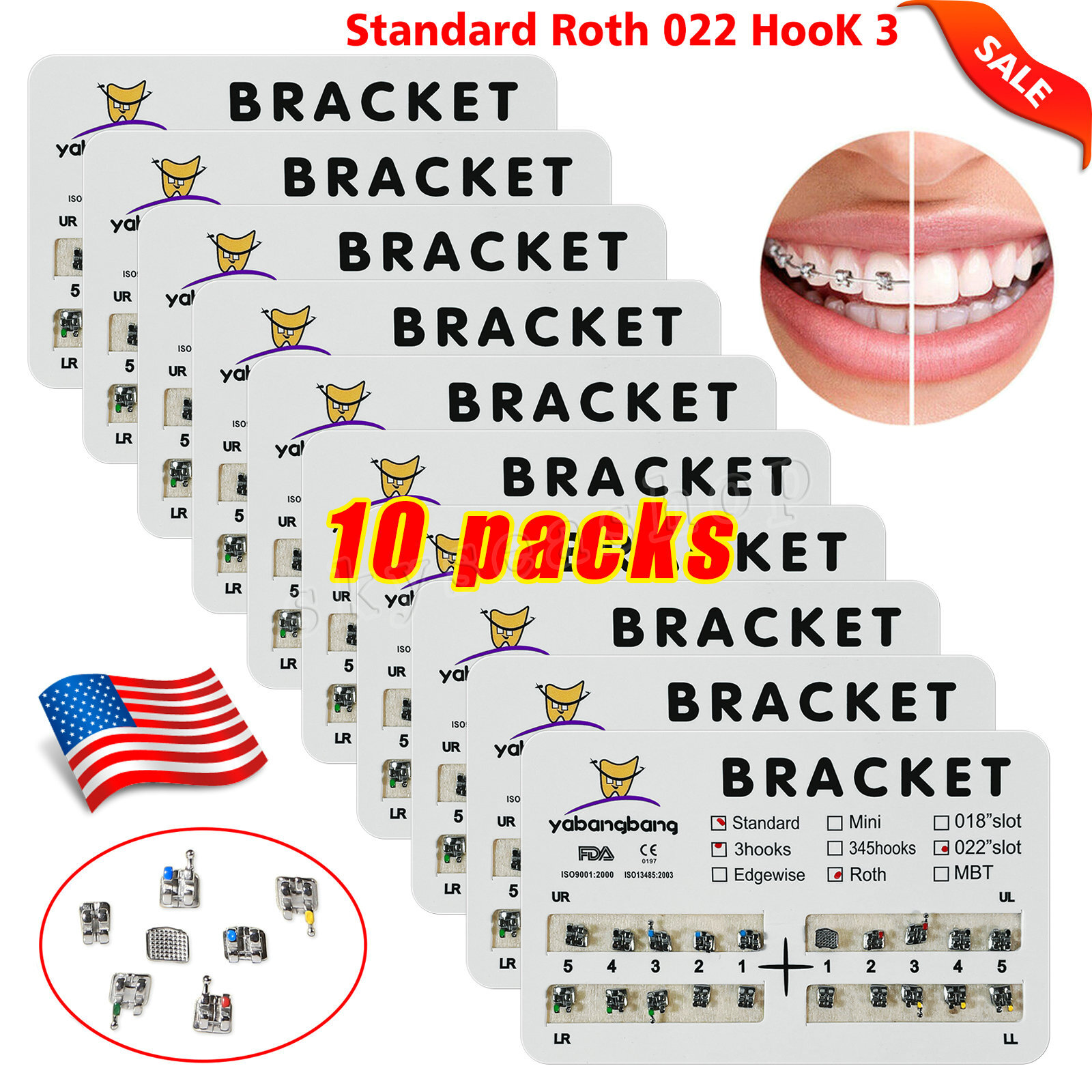 10 Packs/200 pcs Dental Ortho Brackets Metal Braces Standard Roth 022 Hooks 3