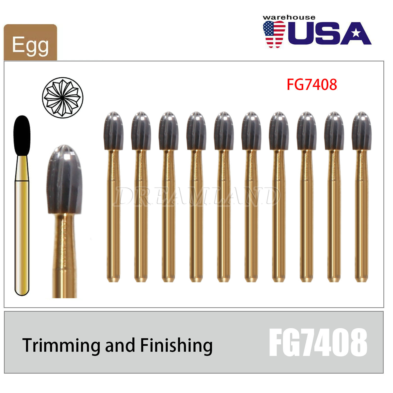 10Pcs Dental Tungsten Carbide Burs Trimming & Finishing Egg Football Bur FG 7408