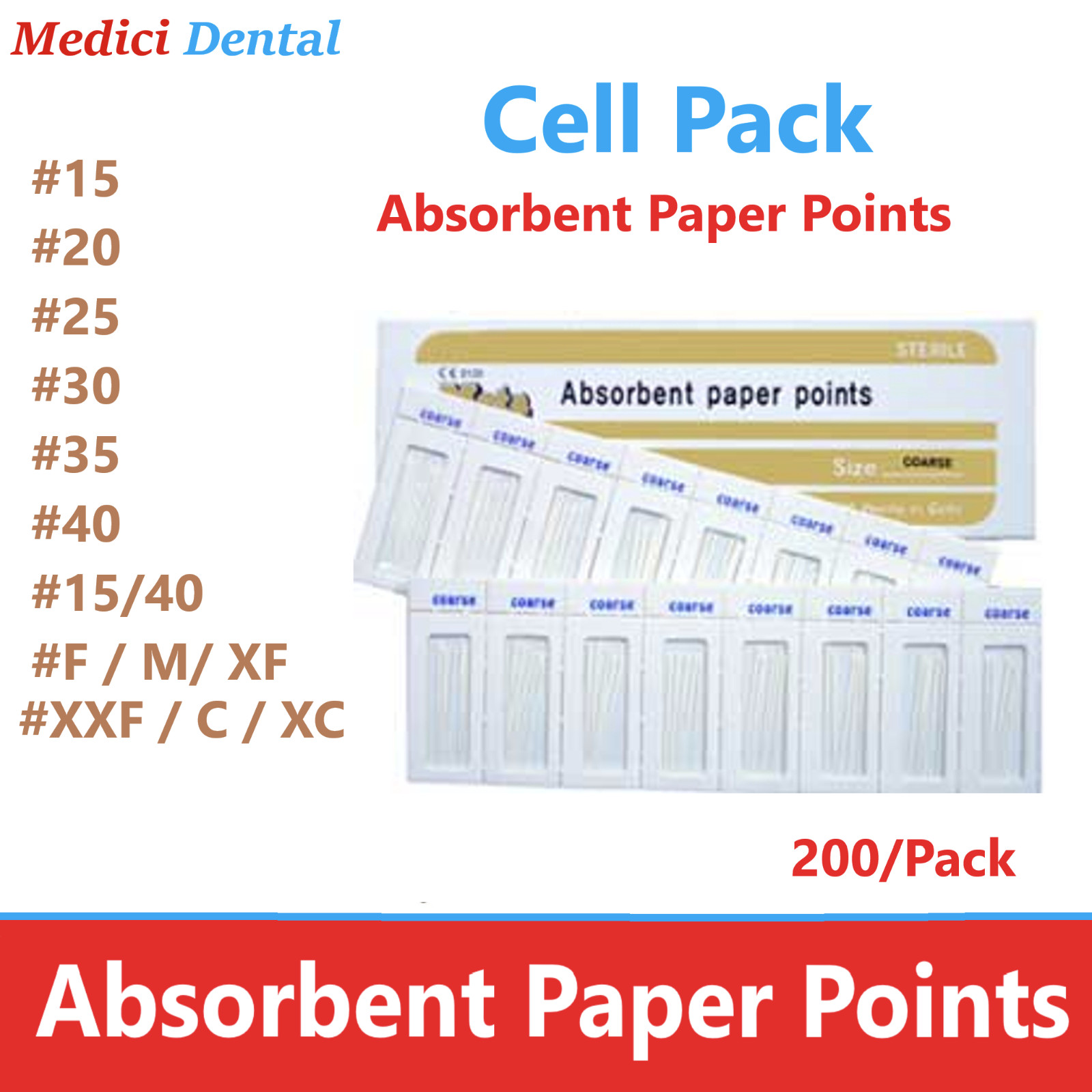 Dental Absorbent Paper Points CELL PACK Point, All Sizes, Meta Biomed, 200/Pack