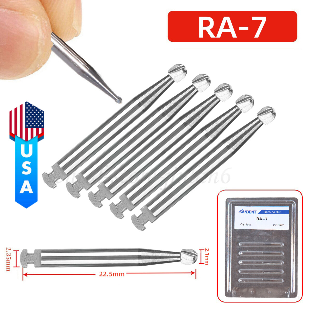 5 pieces Dental 22.5mm Round Carbide Bur Slow Speed Latch Type RA7 Burs USA