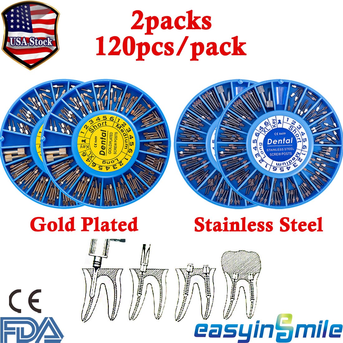 240pcs/kit Dental Screw Post Completed Kit Silver/Gold Plated Endo Conical Pins
