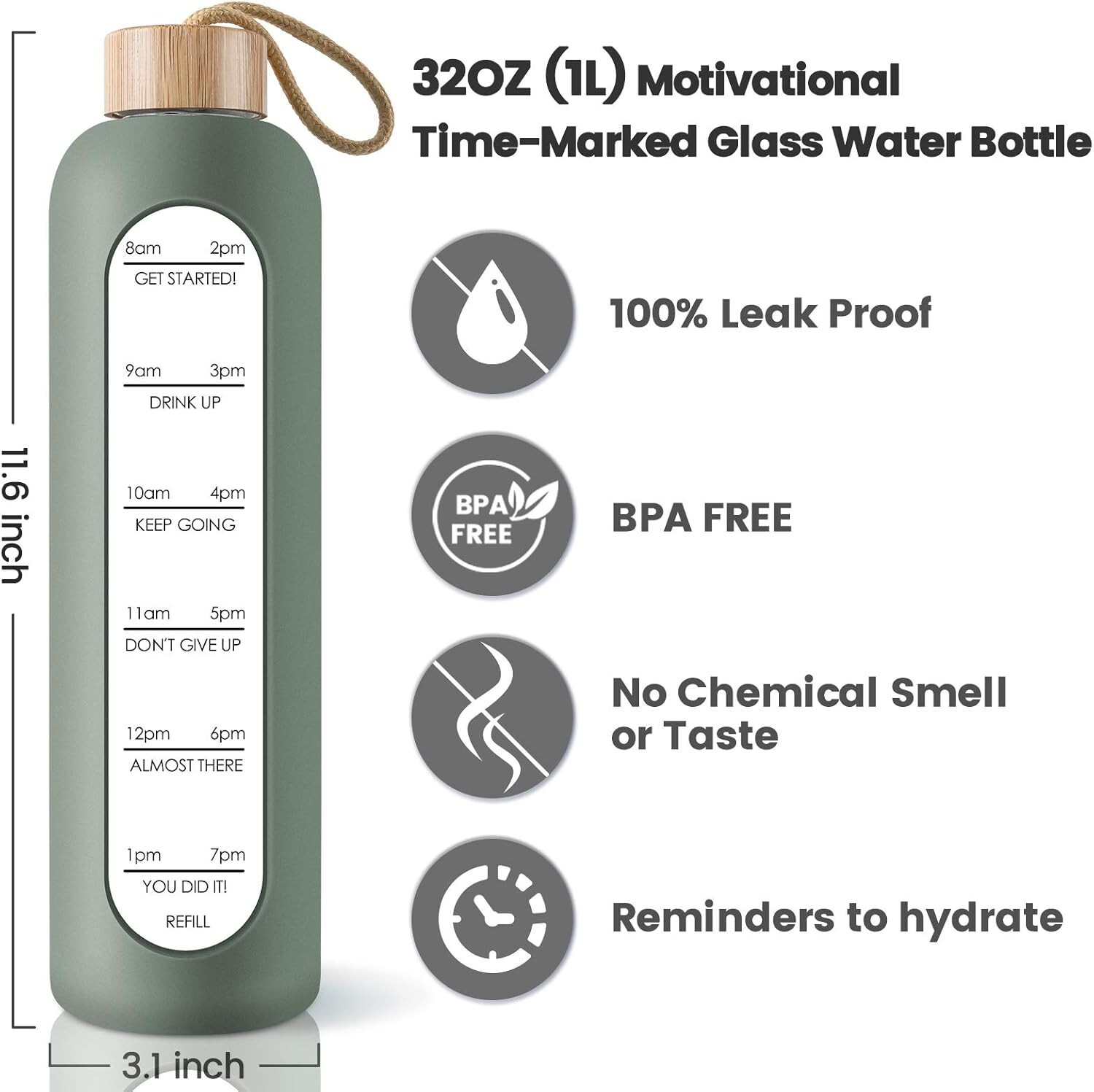 Eco-Friendly 32 Oz Glass Water Bottle with Time Markers & Silicon Sleeve – Olive