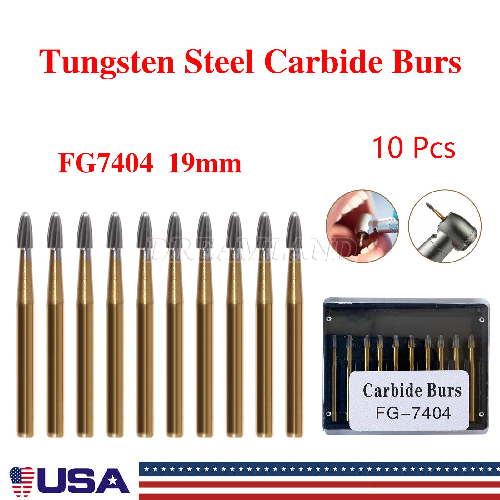 10PCS Gold Burs Trimming & Finishing Tungsten Carbide FG 7404/7406/7408 Dental