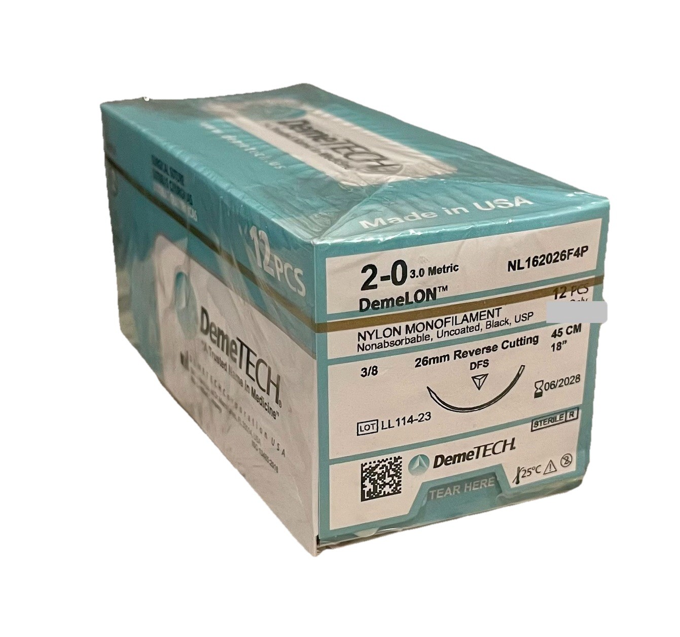 DemeLON 2-0 USP Nylon Sutures 18” DFS 26mm RC 3/8c EXP 06/2028 12ct NEW SEALED