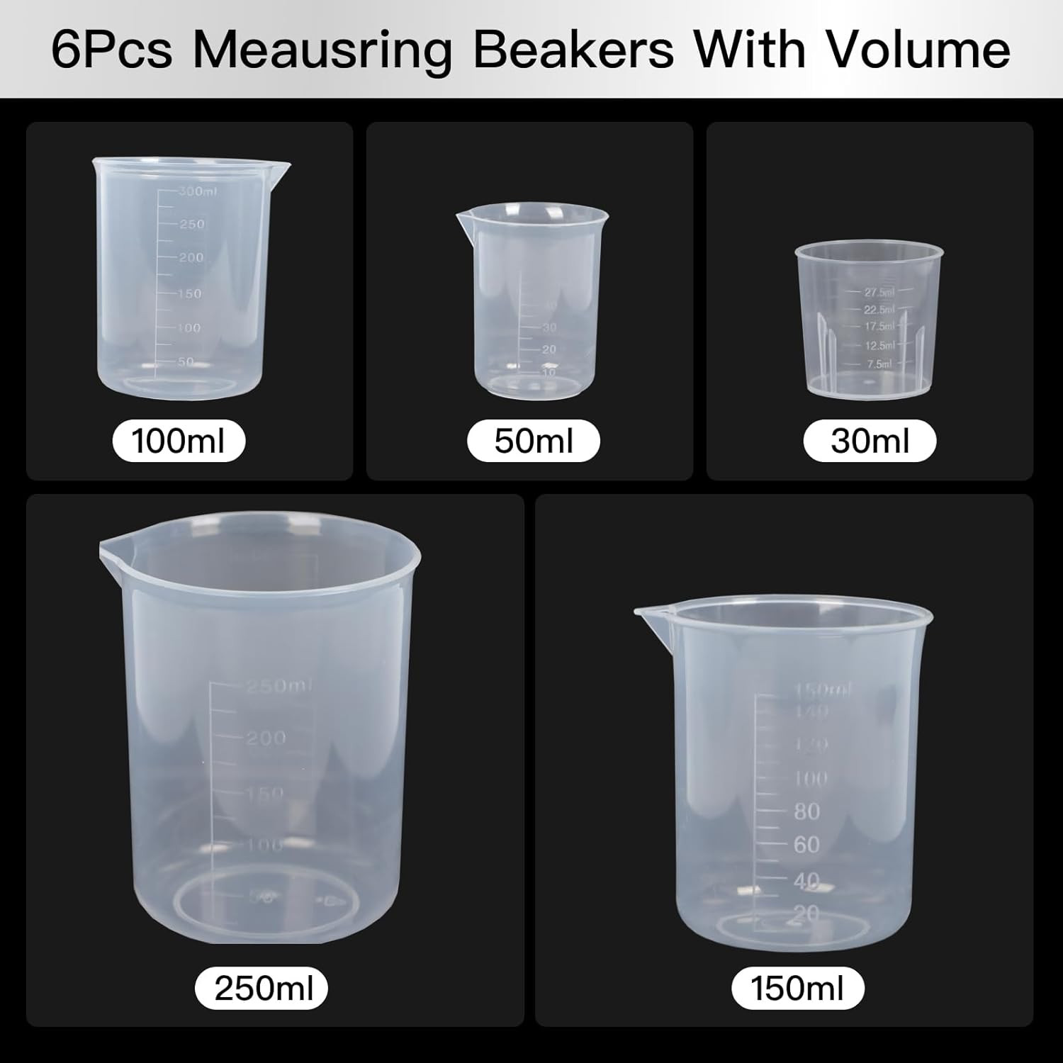 5 Pack Plastic Measuring Jugs, Transparent Lab Graduated Beakers, Heat Resistant