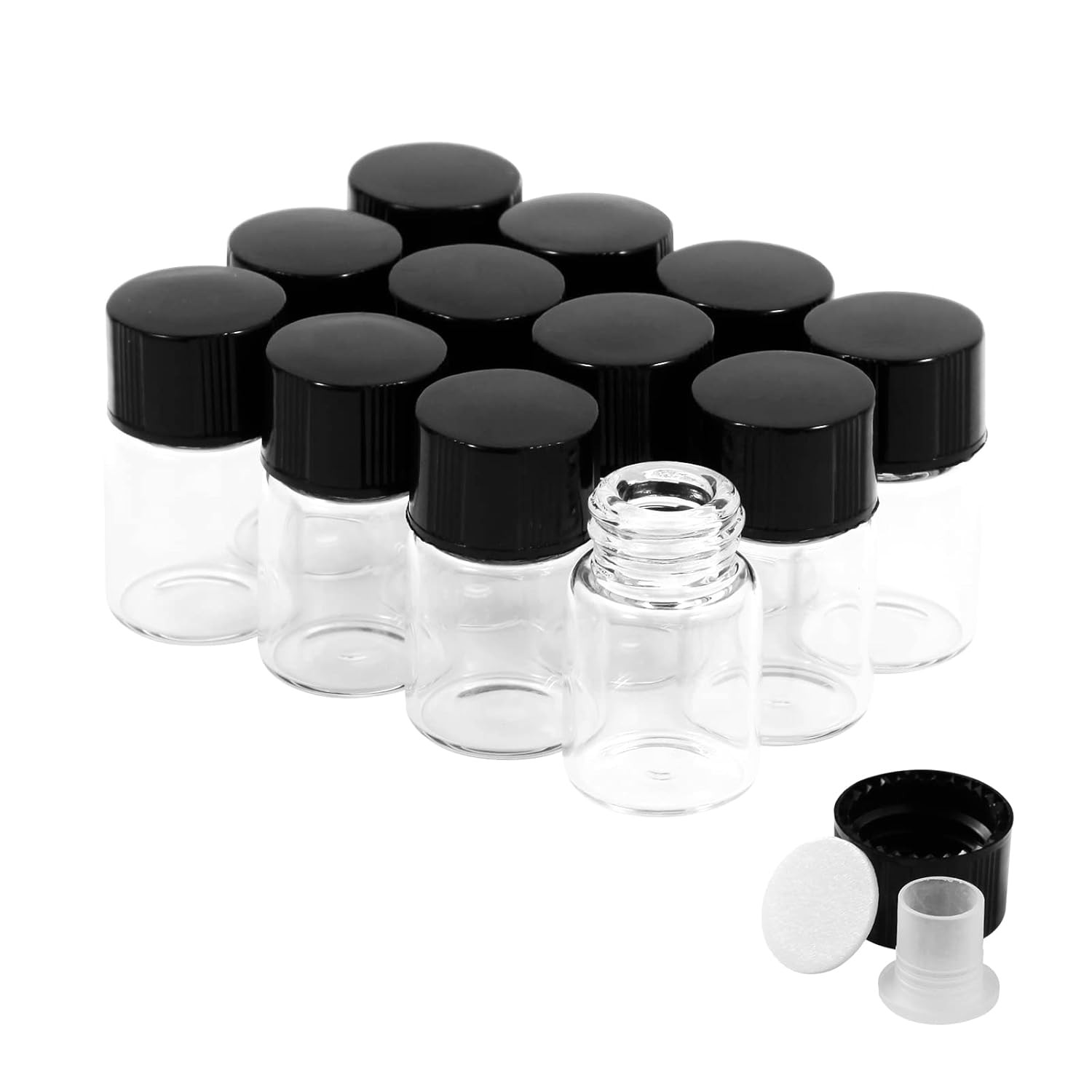 2Ml Clear Glass Vials with Screw Caps and Plastic Stoppers, 1/2 Dram Small