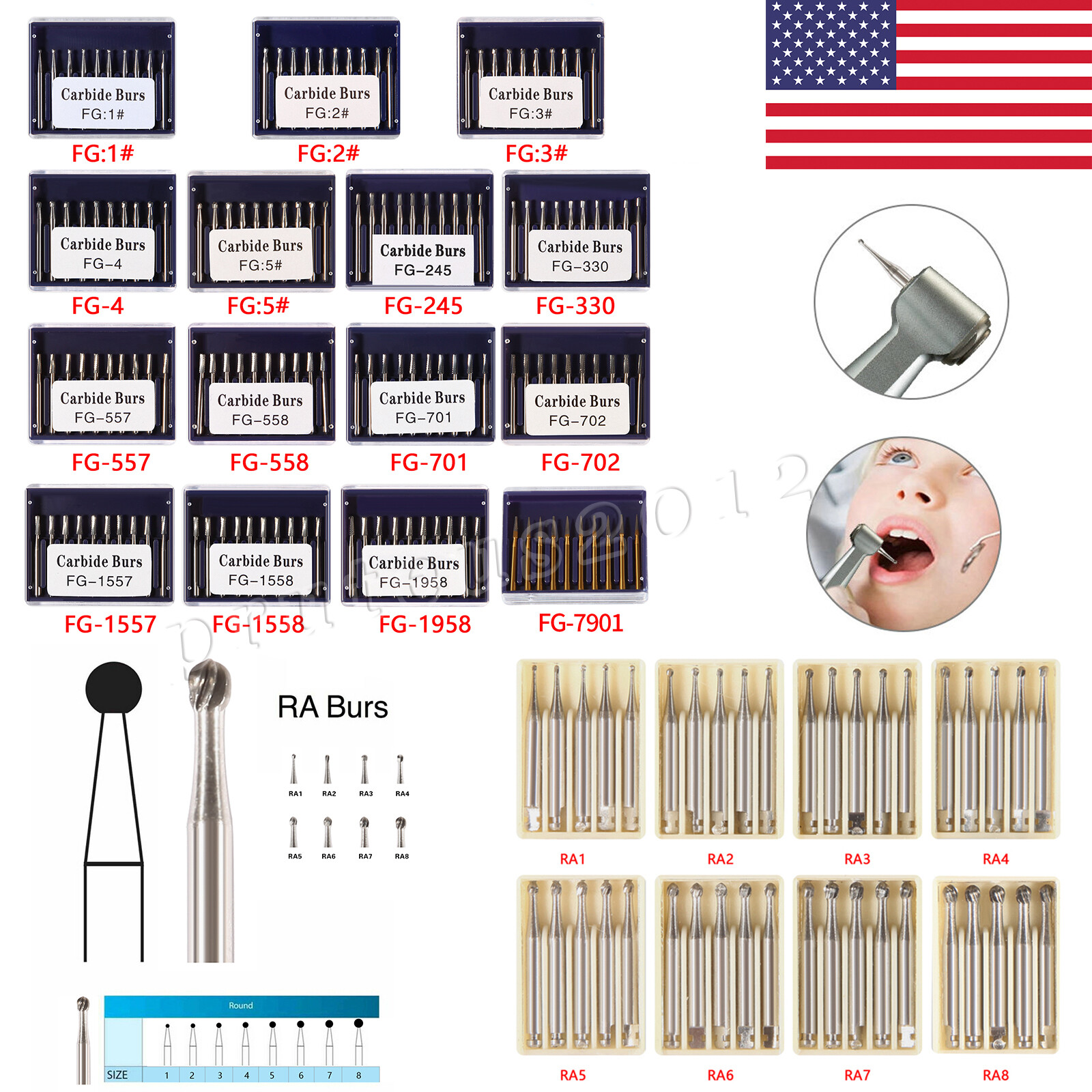 Dental Round Carbide Burs Drill Tungsten Steel For High/ Low Speed Handpiece