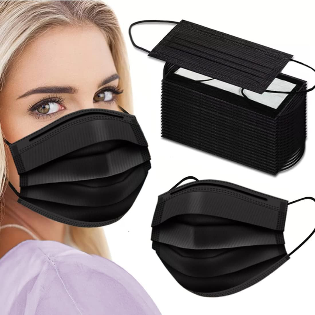 Black Face Masks, 3-Ply Black Masks Disposable 100 Pk (Premium Comfort Soft