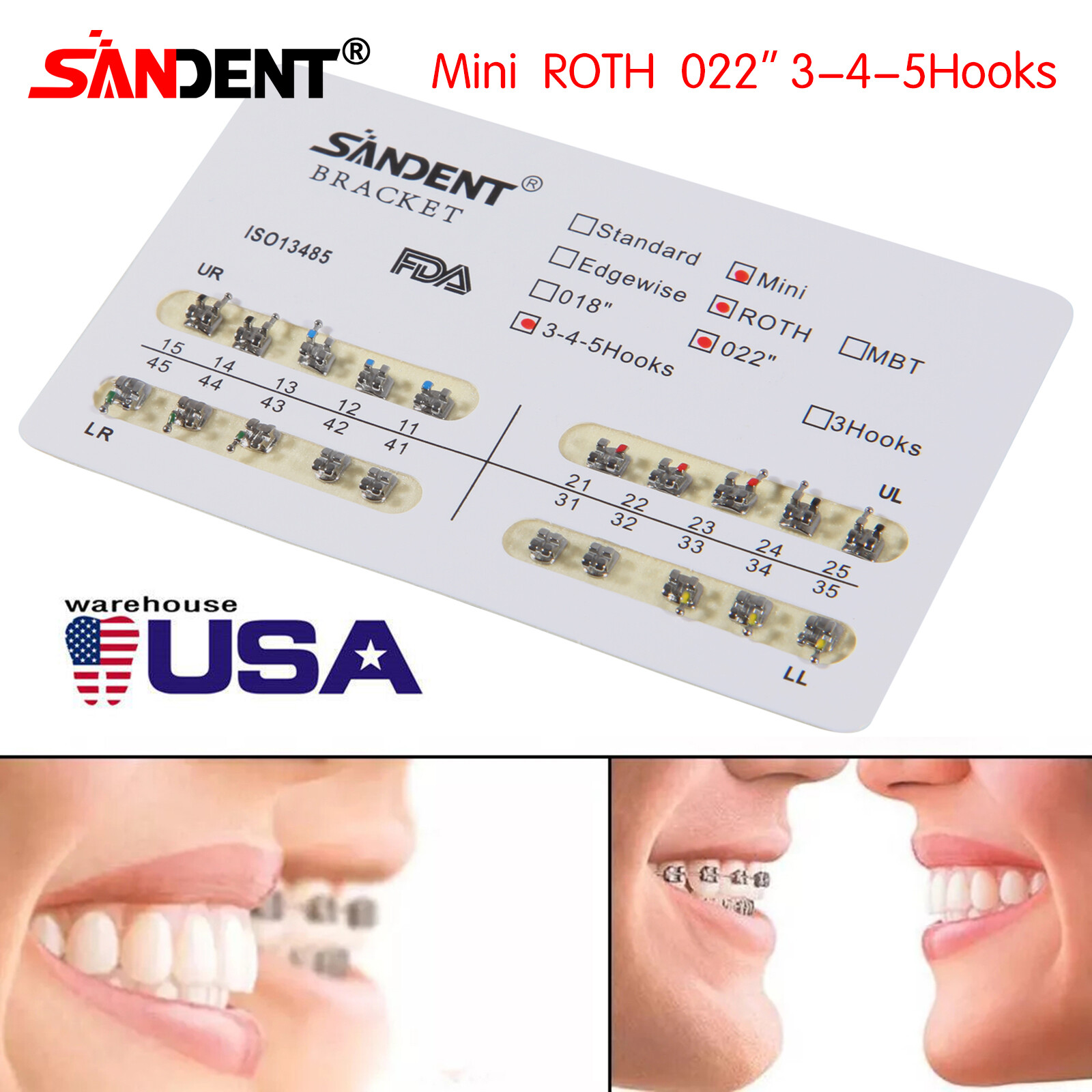 10 Packs Dental Orthodontic Braces Brackets Mini Roth 022″Slot 345 Hooks 200pcs