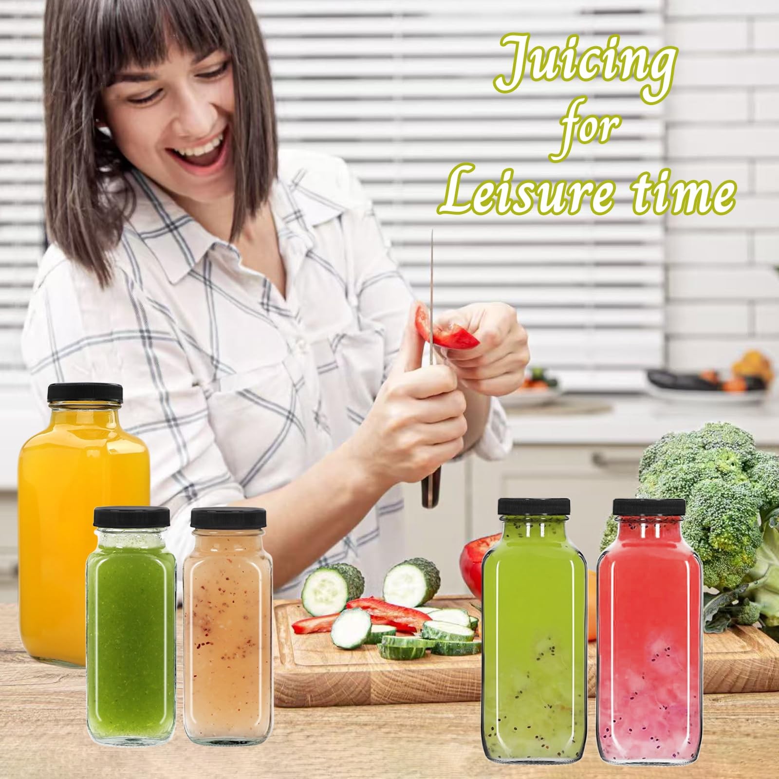 NEWMIAO 6 pack 8 oz Glass Juice Bottles with Lids, 250 ml Reusable 8oz-6pack