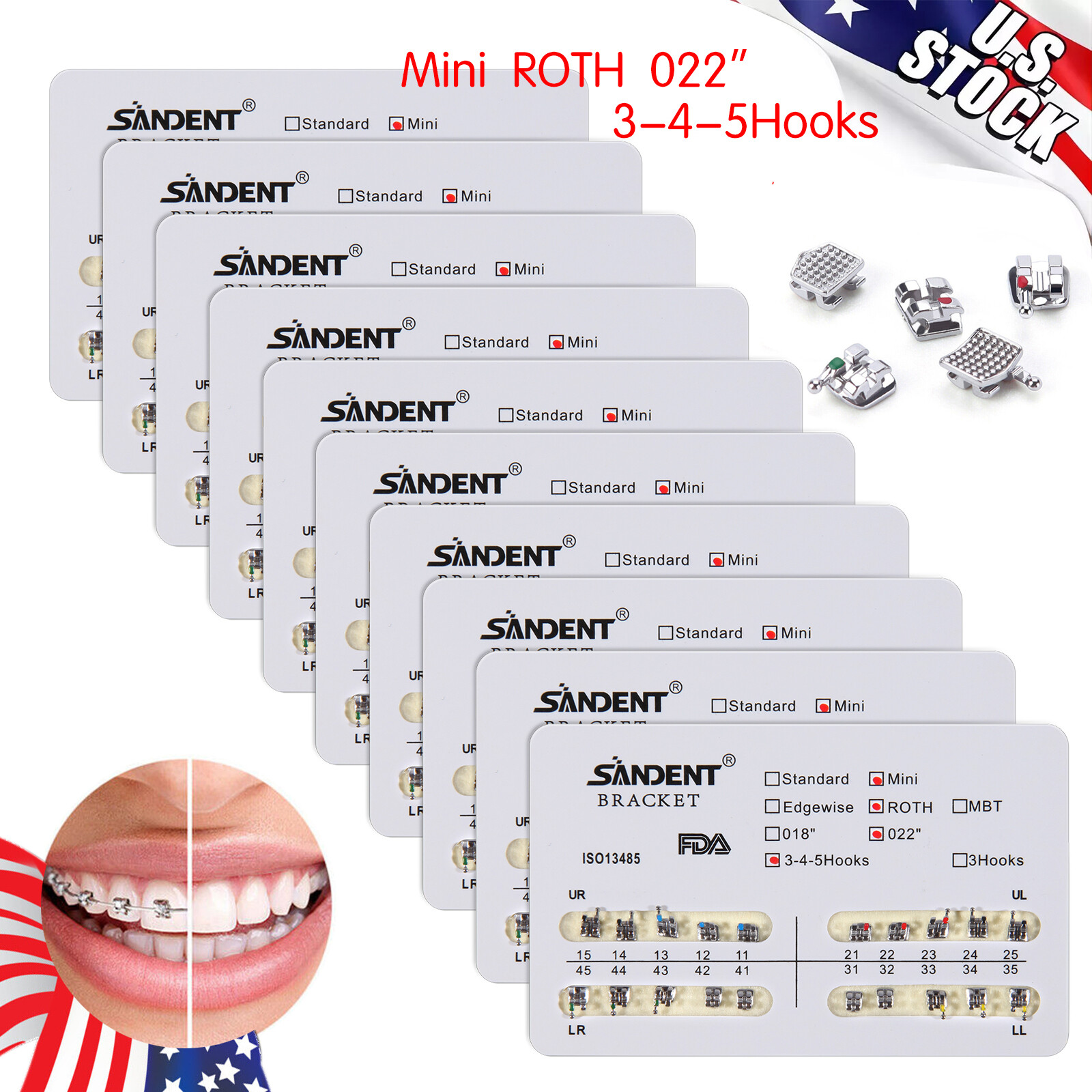 SANDENT Dental Orthodontic Brackets Braces Mini Roth .022 Hooks 3-4-5 po