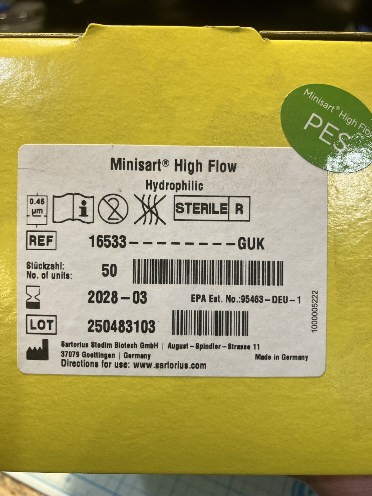 SARTORIUS Minisart High Flow Hydrophilic 0.45 um 16533- GUK (50/pack); EXP 03/28