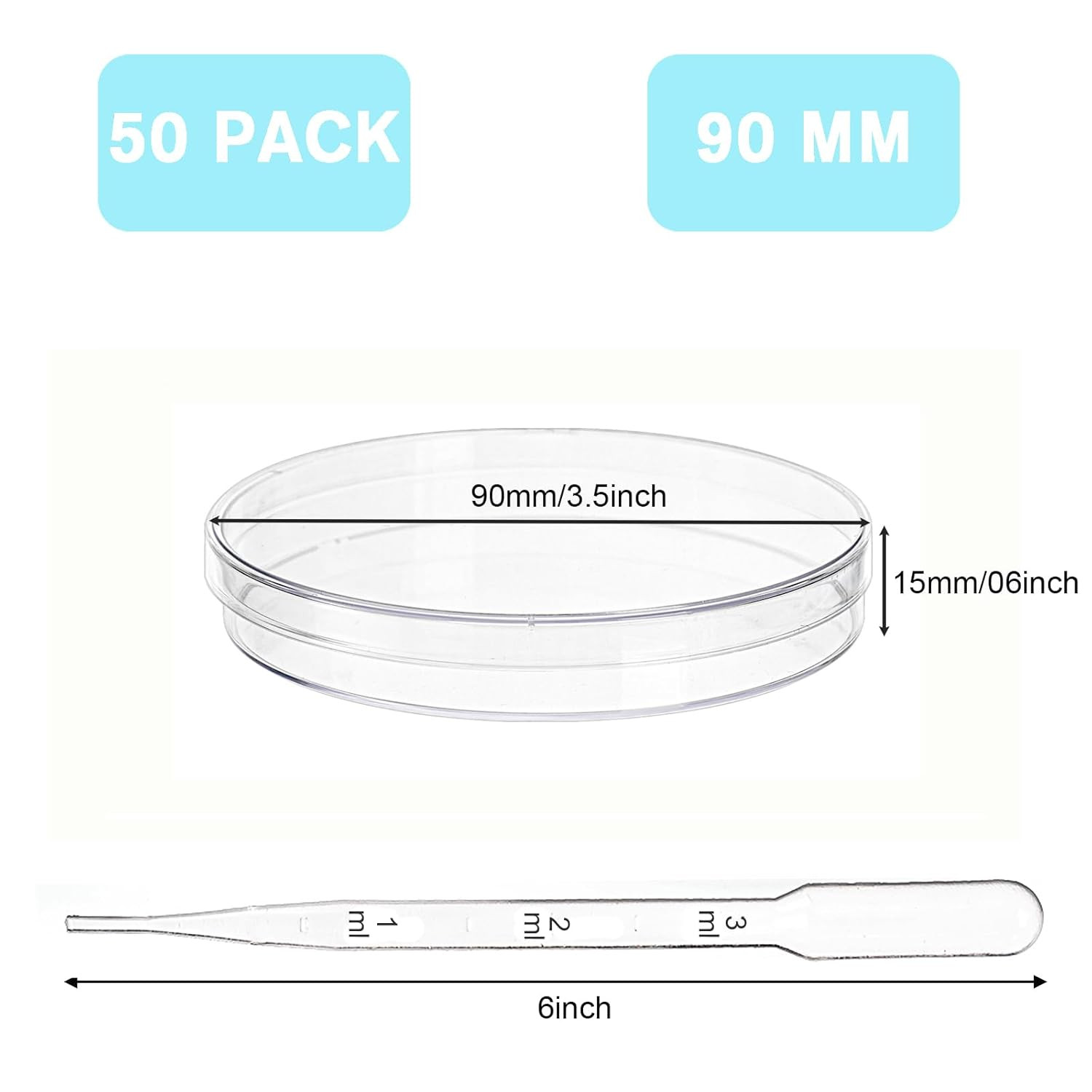 Bekith Petri Dishes with Lids, 50 Pack 90Mm Dia X 15Mm Deep Plastic Sterile
