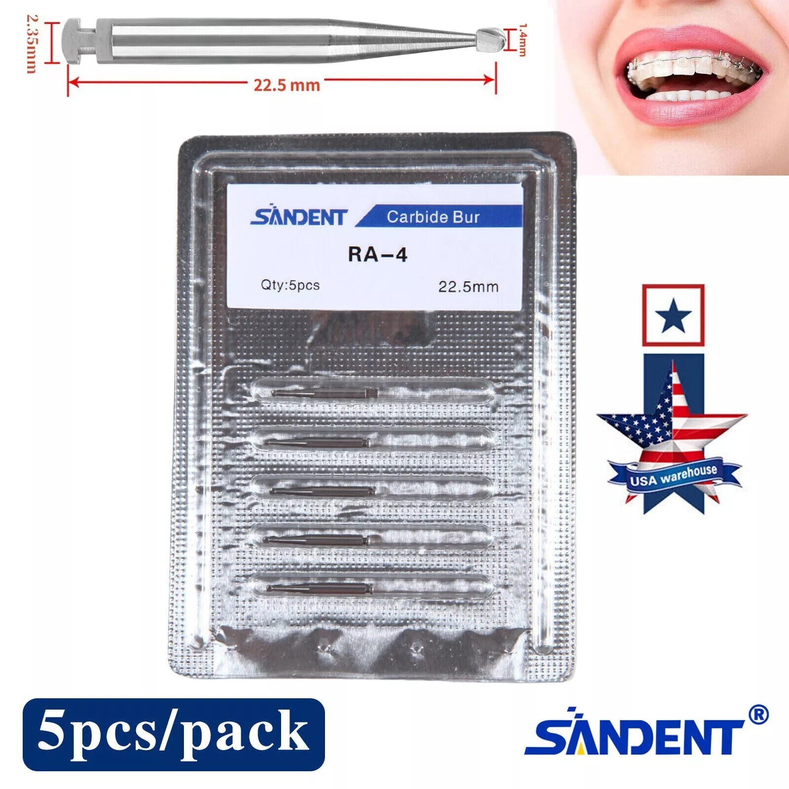 25 Pcs/5 Pack Dental 22.5mm Round Carbide Bur Slow Speed Latch Type RA4 Burs USA