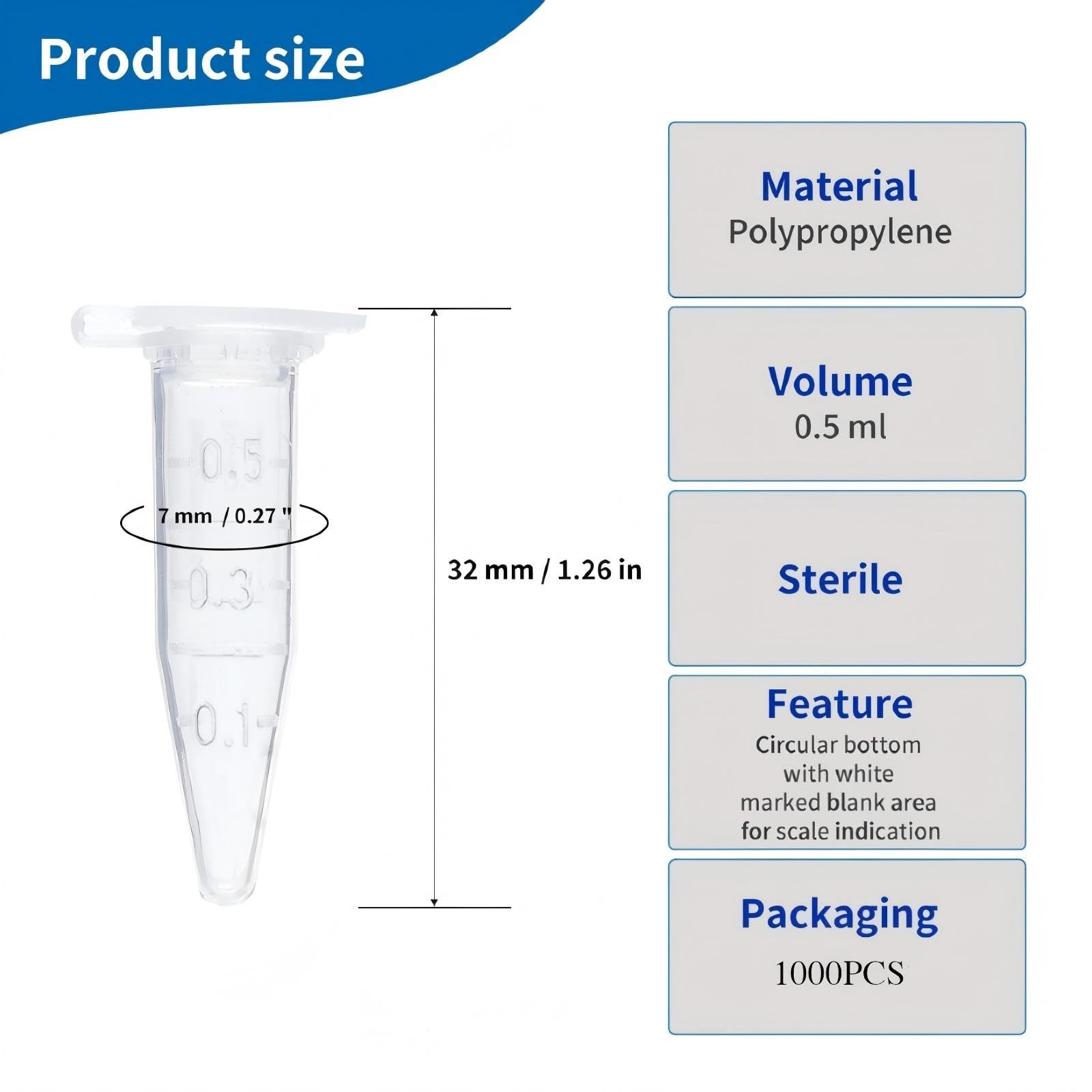 1000 PCS 0.5ml Microcentrifuge Tubes Clear Graduated Plastic Lab Snap Vials