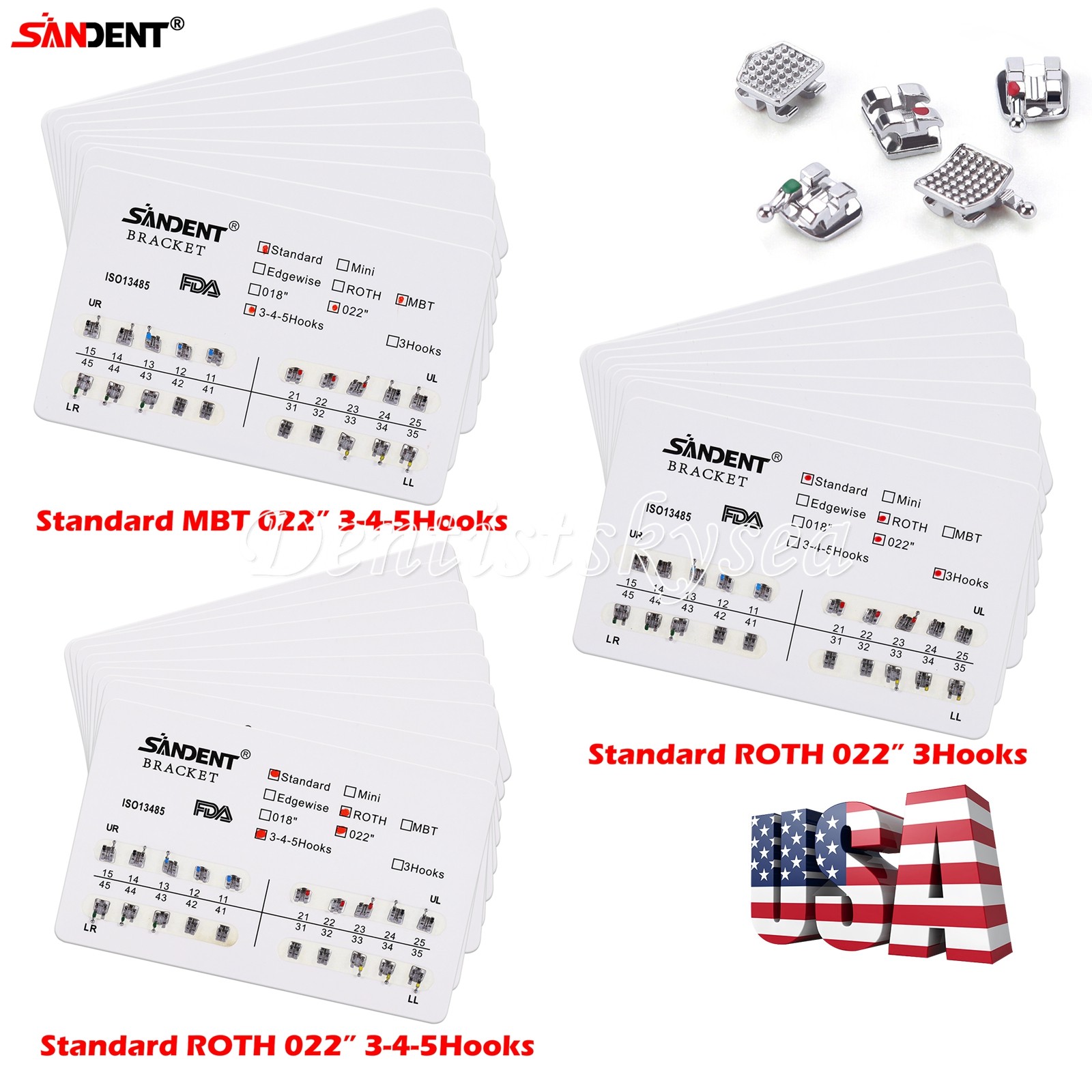 10-100Packs Ortho Metal Bracket Braces Standard Roth/MBT 022 3/345 Hooks ZX