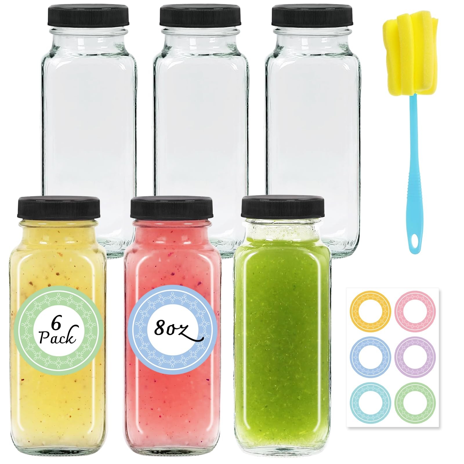 NEWMIAO 6 pack 8 oz Glass Juice Bottles with Lids, 250 ml Reusable 8oz-6pack