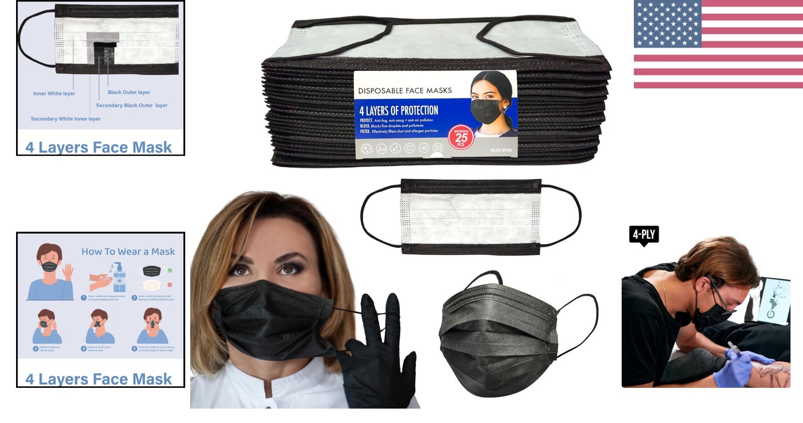25 Count Disposable 4-Layer Black Face Masks – Stylish & Safe Protection