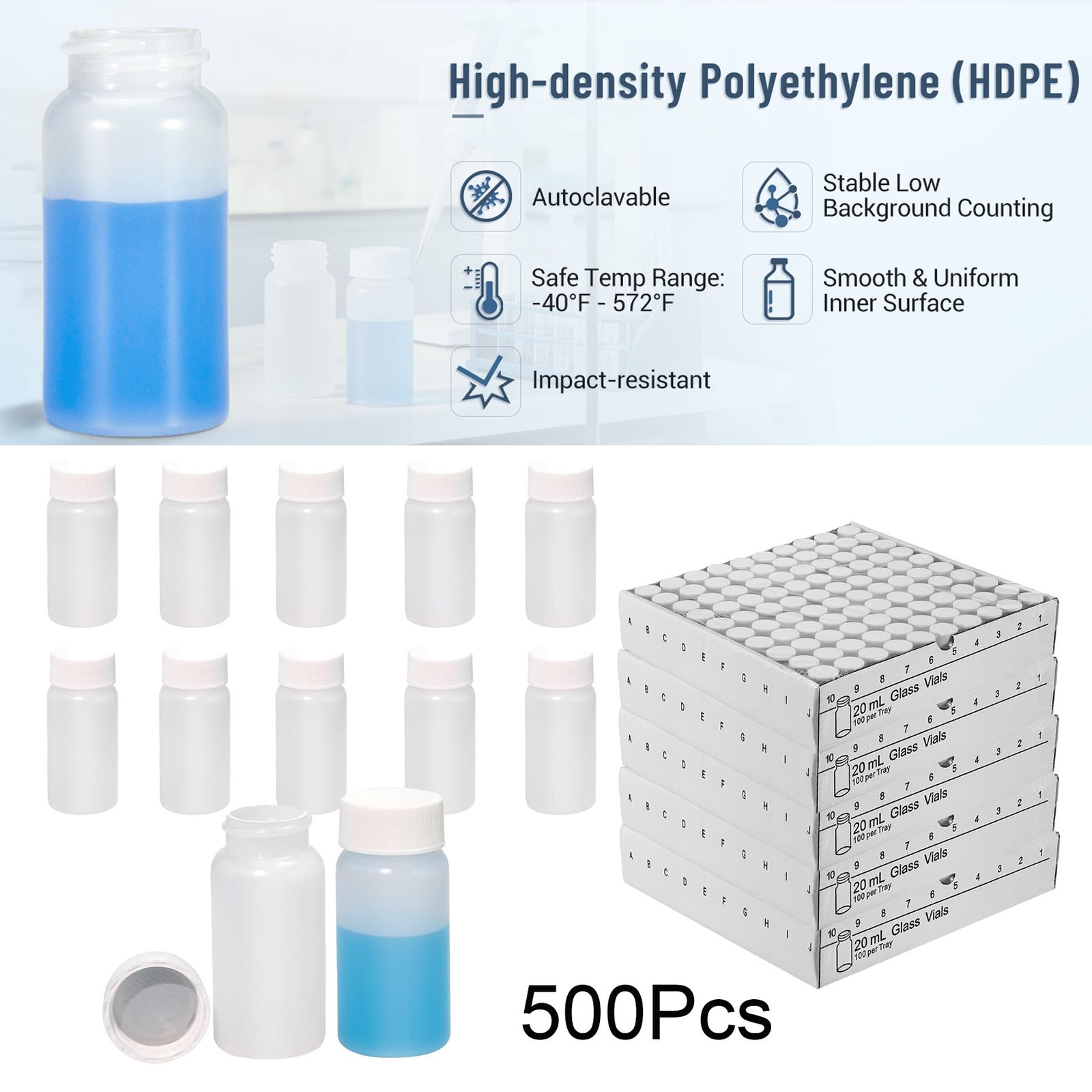 500 Pcs 20mL Scintillation Vial Liquid Counting Vials HDPE Scintillation Vials