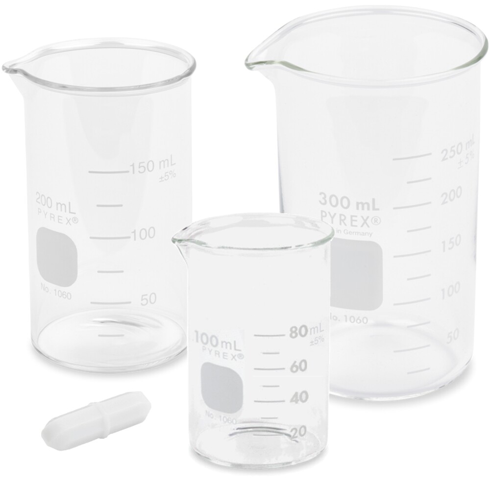 PYREX Beaker Set with Magnetic Stir Bar, Tall Form – 3 Sizes – 100/200/300ml