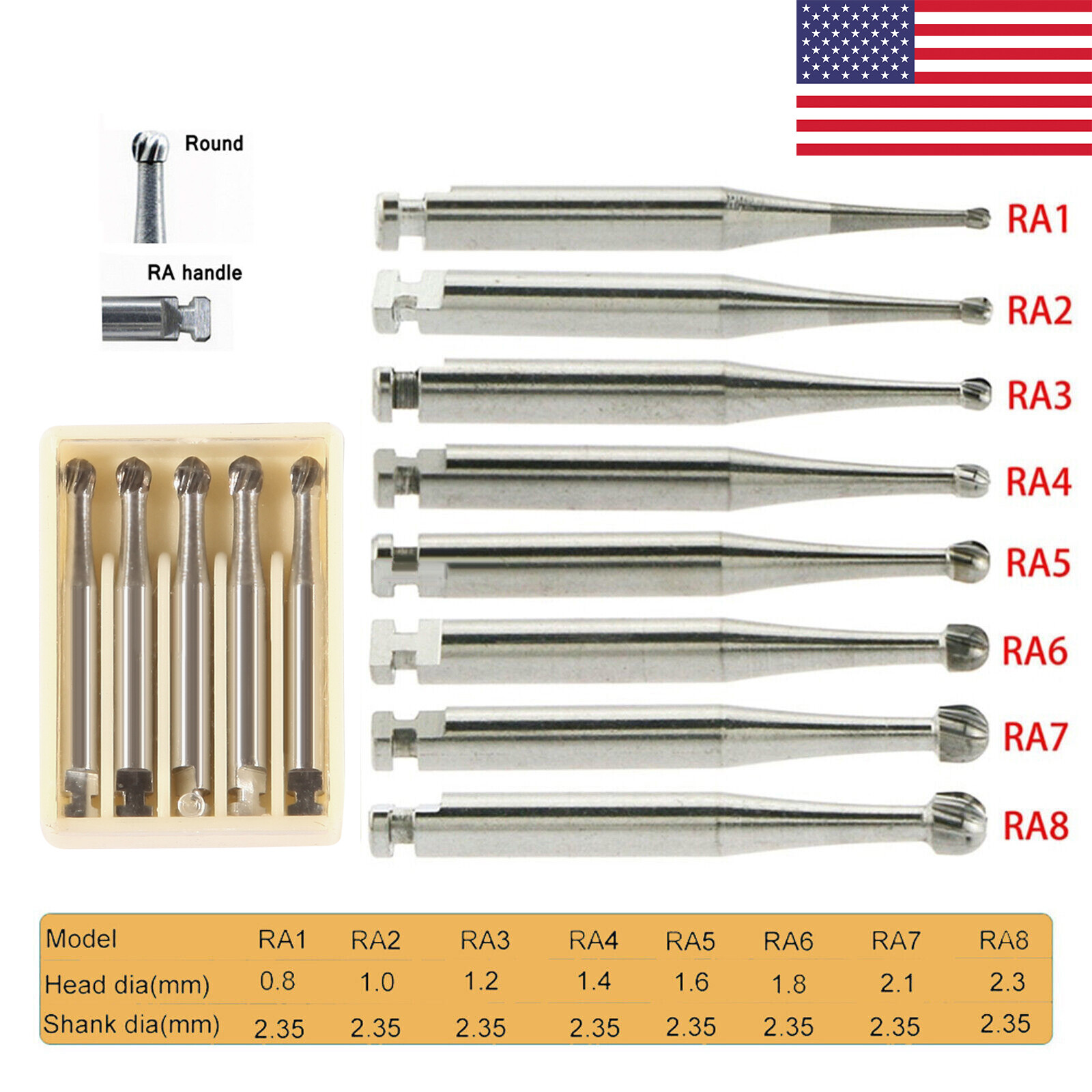 5pcs/box Dental Round Latch Carbide Bur RA1 2 3 4 5 6 7 8 RA Drill F/ Slow Speed