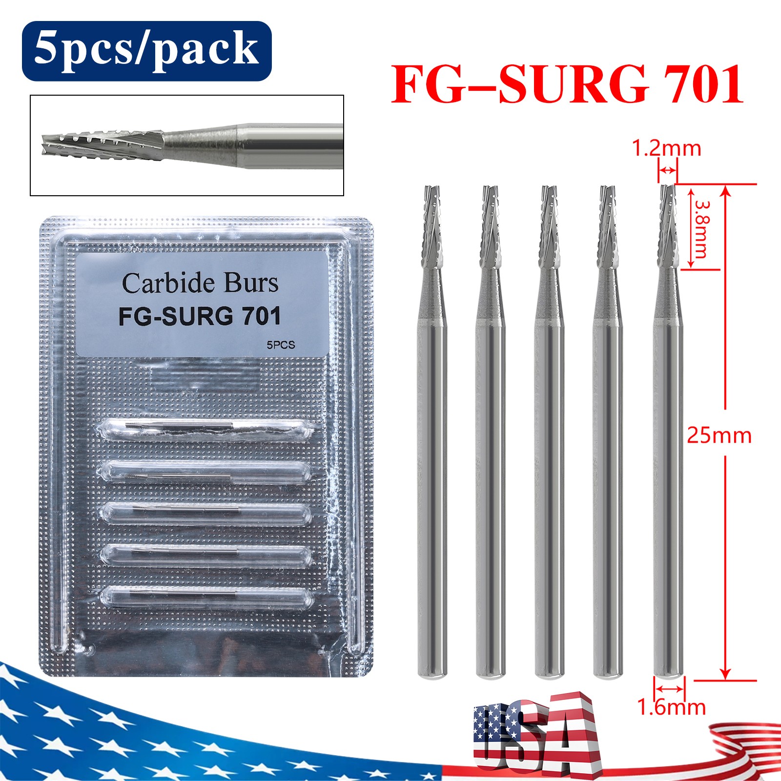 5pcs FGXL-701L Dental Surgical Carbide Burs 25mm Tapered Fissure Cross Cut