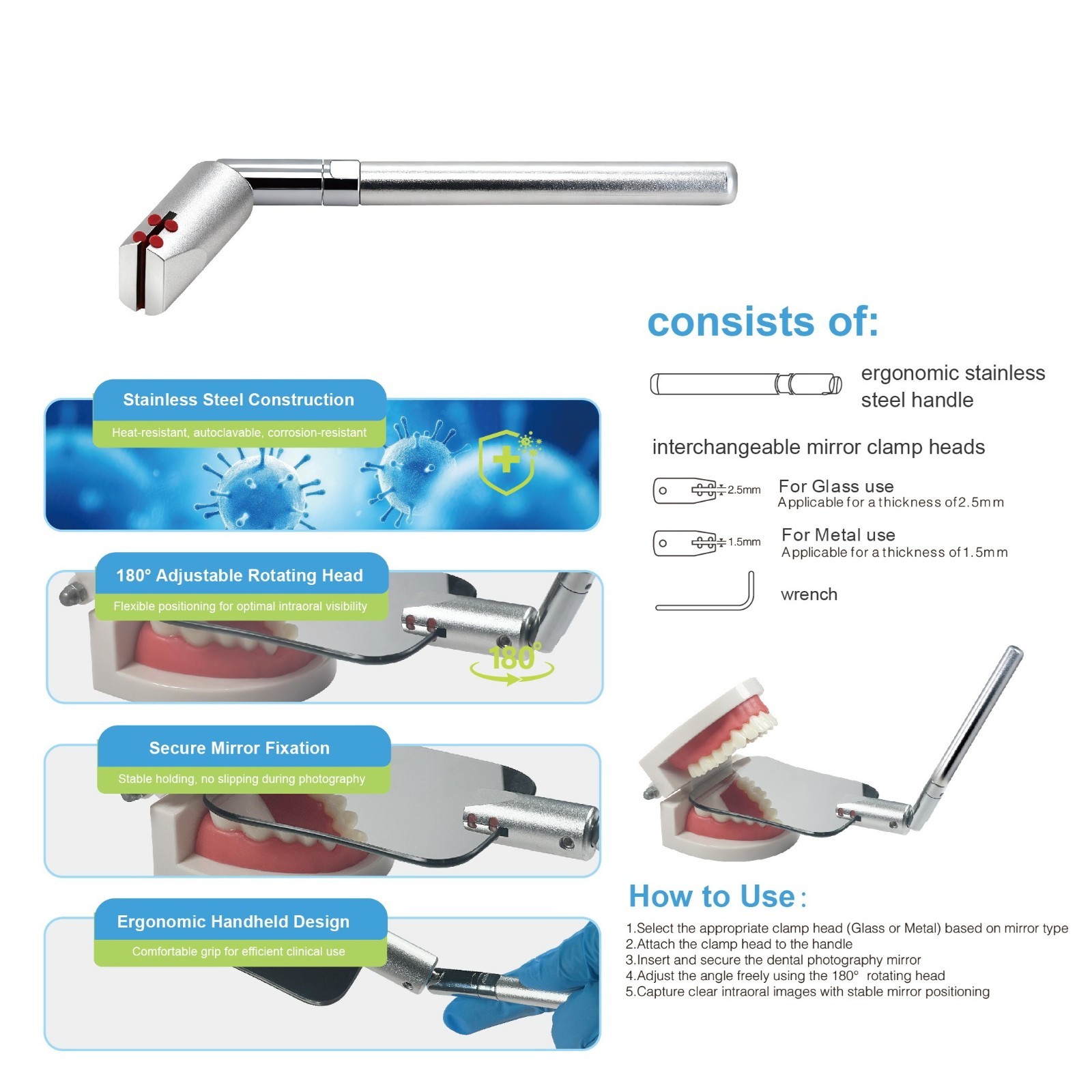 Adjustable 180° Dental Photography Mirror Holder For Glass Metal Mirror Tool