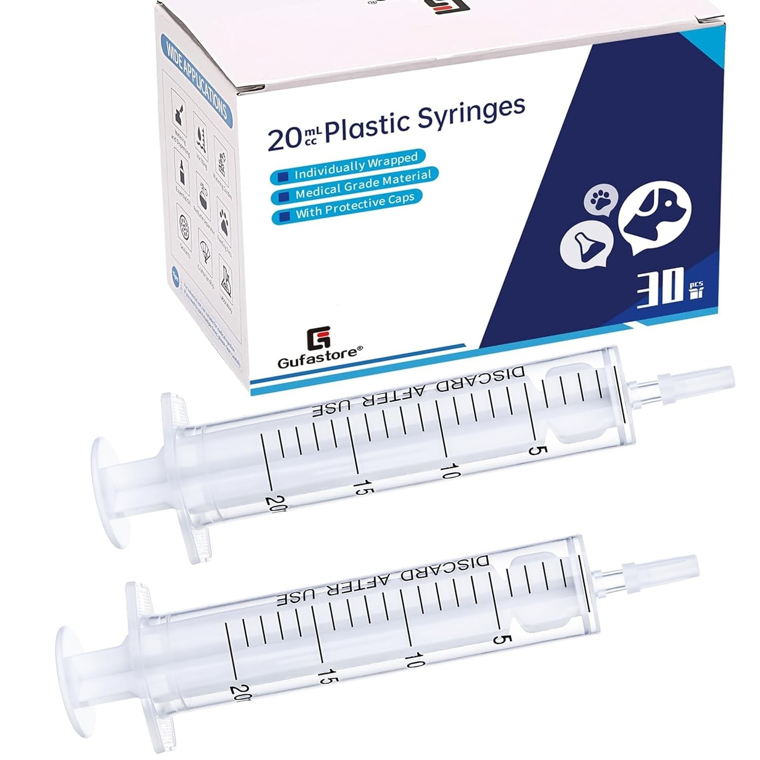 30pcs 20ml/cc Plastic Syringes with Caps Without Rubber Stopper in
