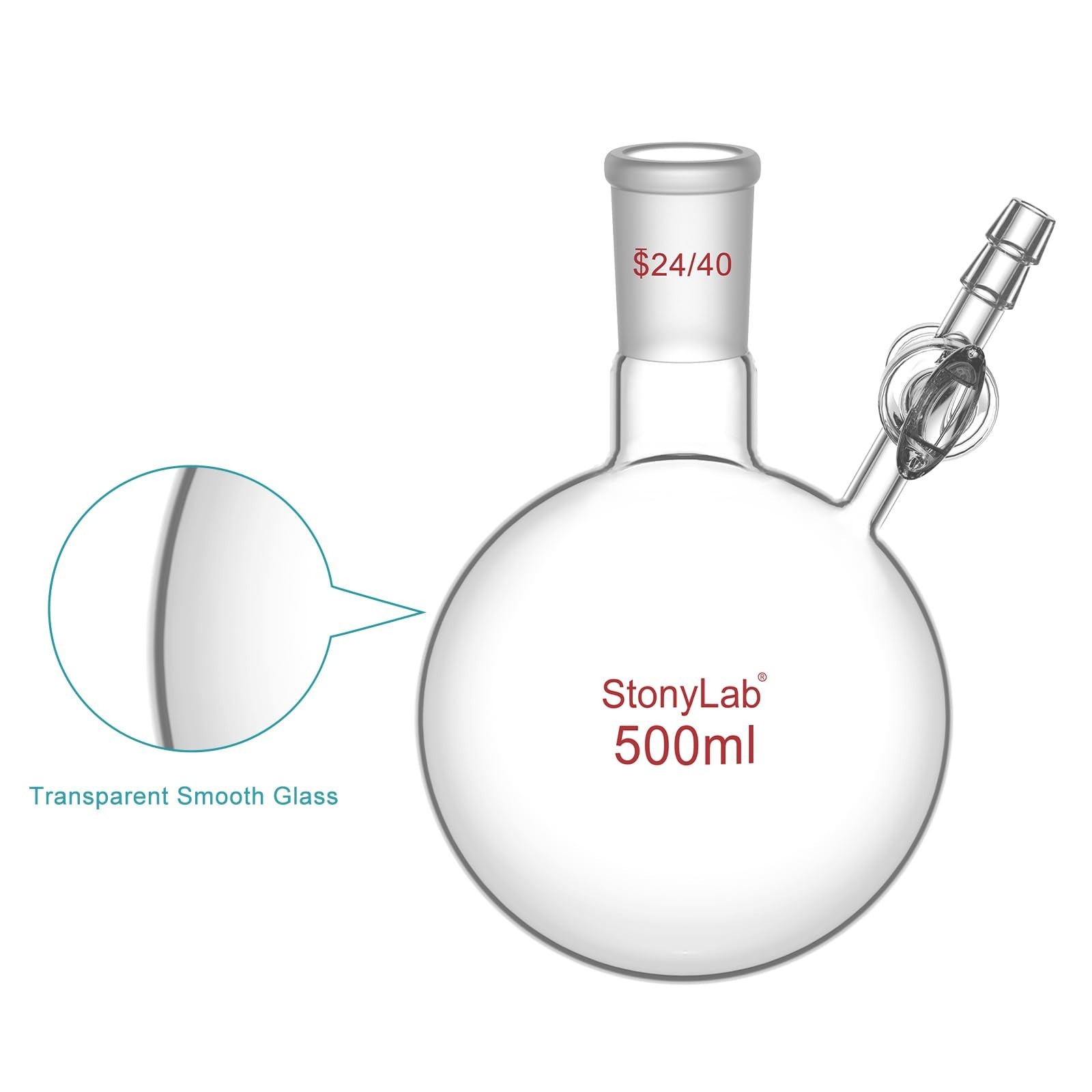 500ml Borosilicate Glass Reaction Flask with Stopcock Valve, 24/40 Joint, Lab Us