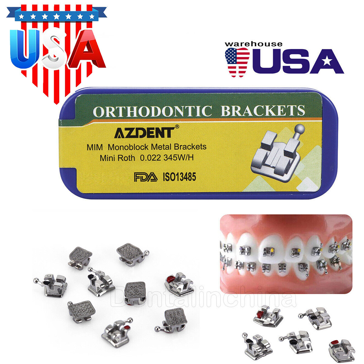 10 Packs AZDENT Dental Orthodontic Bracket Monoblock MIM Mini Roth.022 345 Hooks