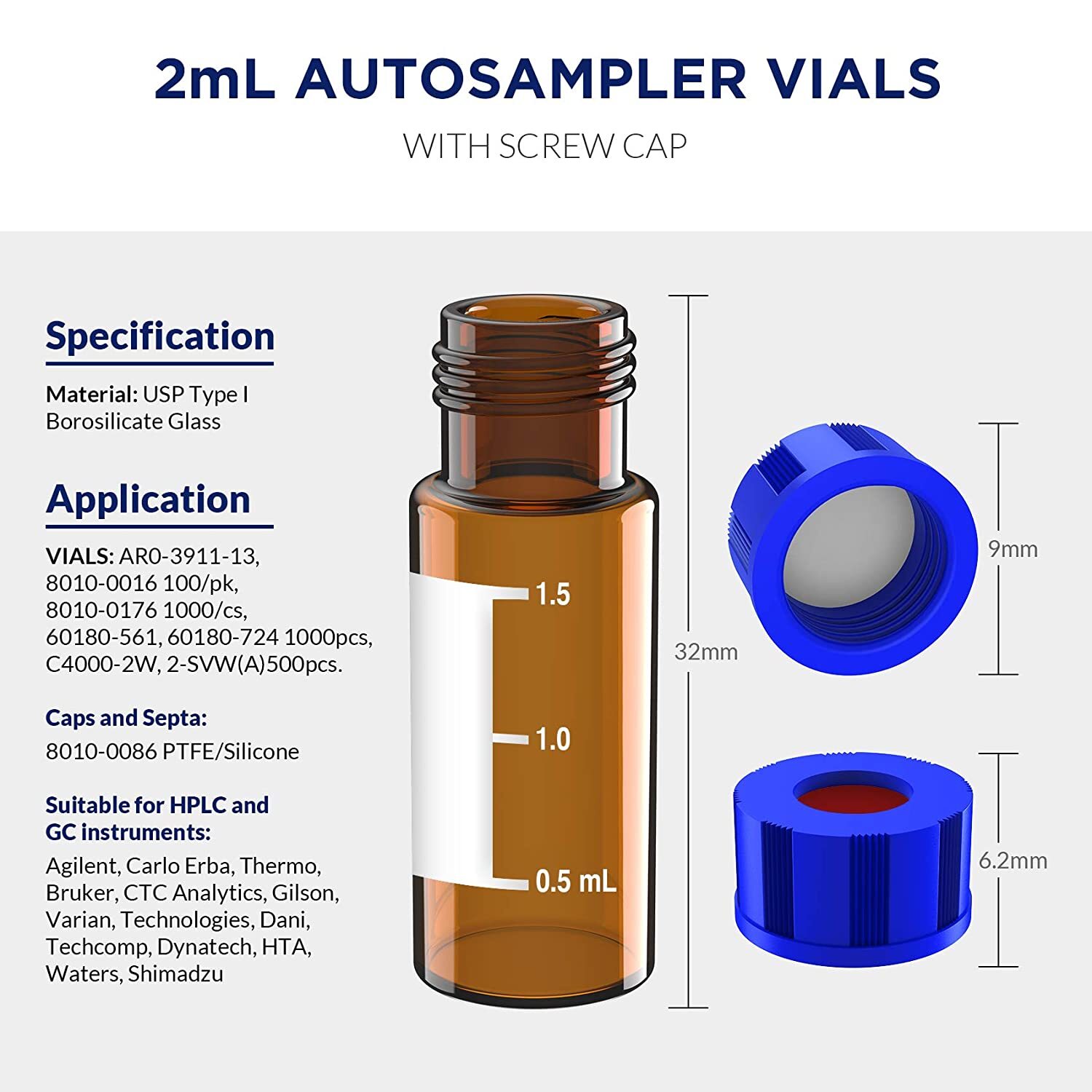 1000PCS 2ml Amber/Clear Sample Vials+Caps Screw Thread Top HPLC GC Glass Bottle