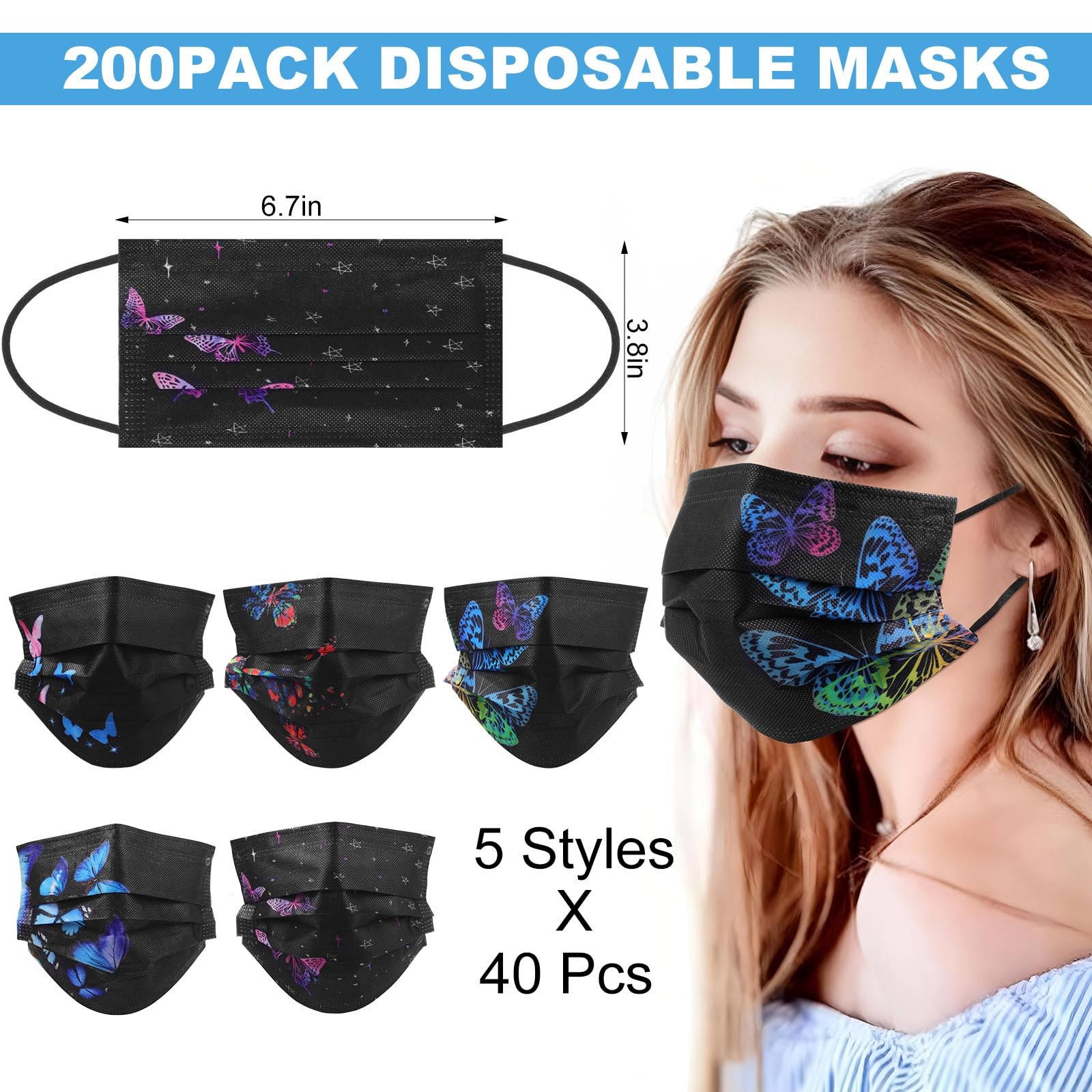 200 Pcs Black Butterfly Disposable Breathable 3-layer Protective Individually…