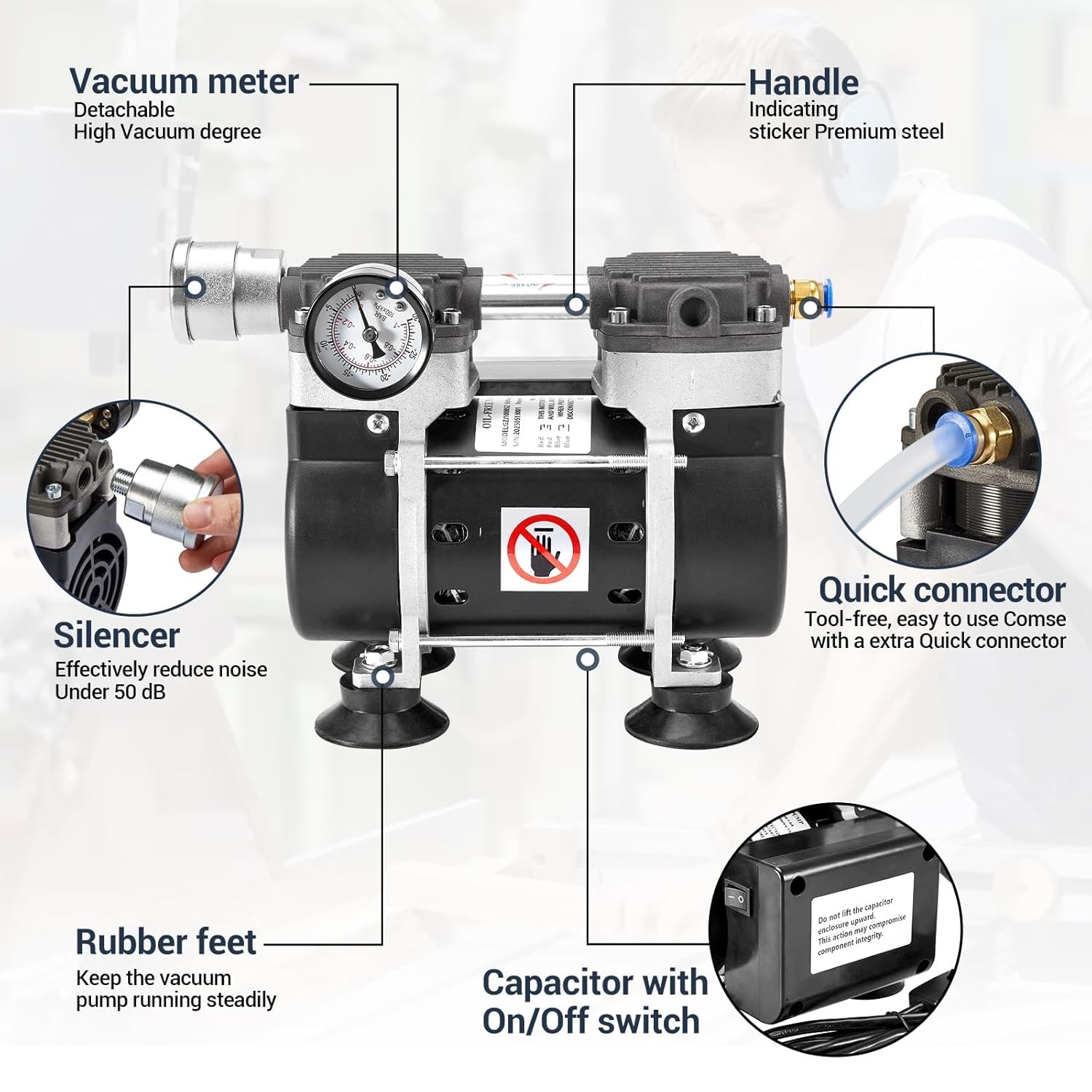 180W 50L/Min Lab Vacuum Pump w/ Capacitor Lab Vacuum Filtration Filtering Funnel