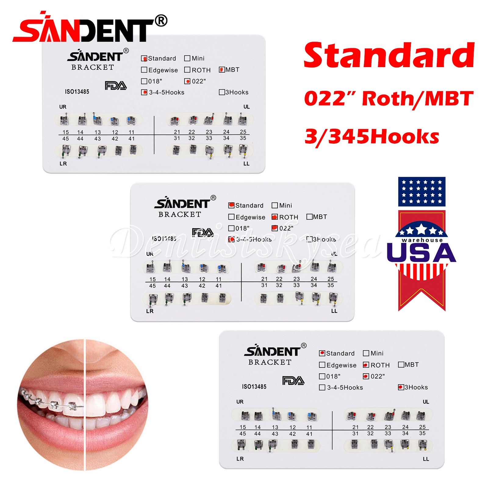 10-100Packs Ortho Metal Bracket Braces Standard Roth/MBT 022 3/345 Hooks ZX