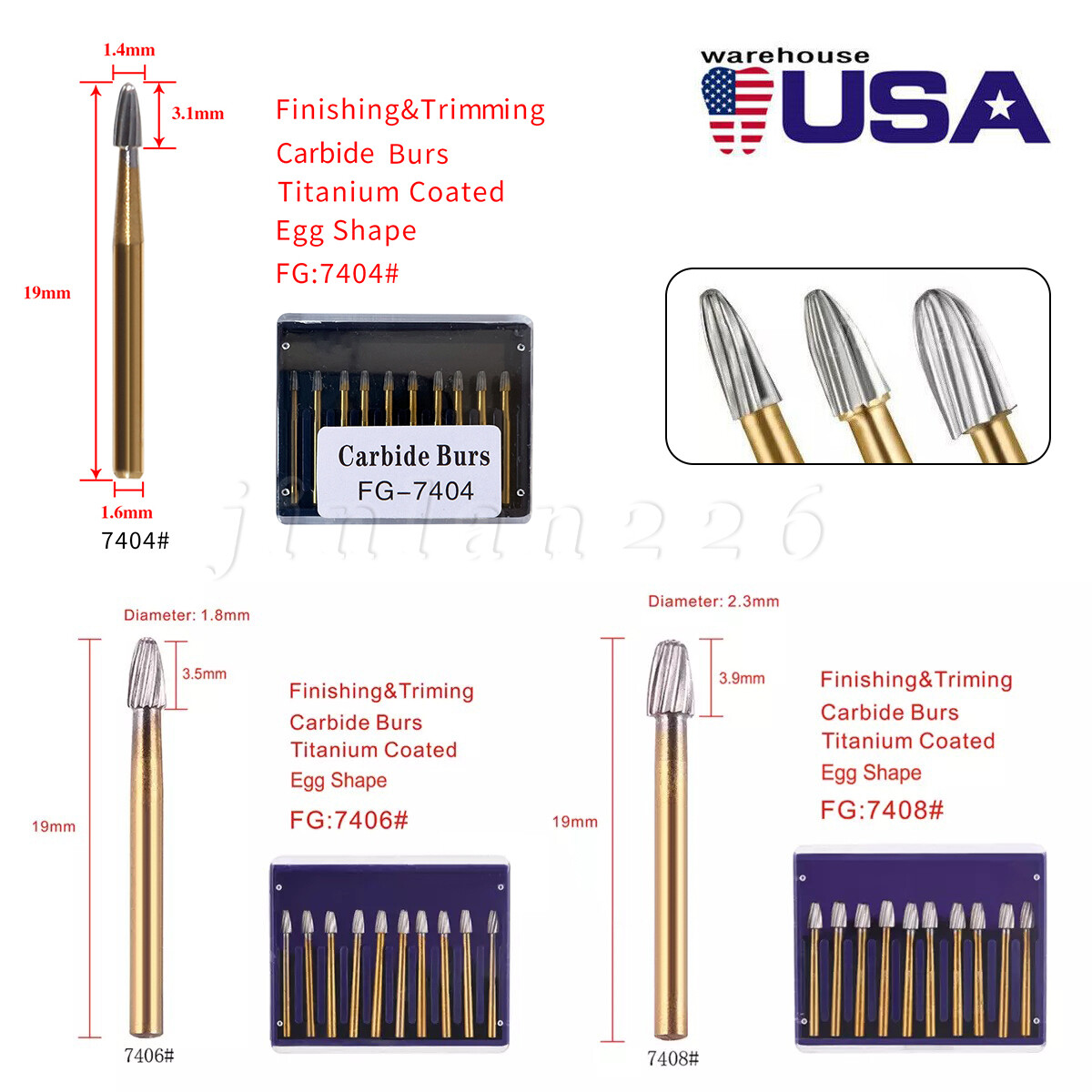 Dental Tungsten Carbide Burs Trimming Finishing Egg Football FG 7404 7406 7408